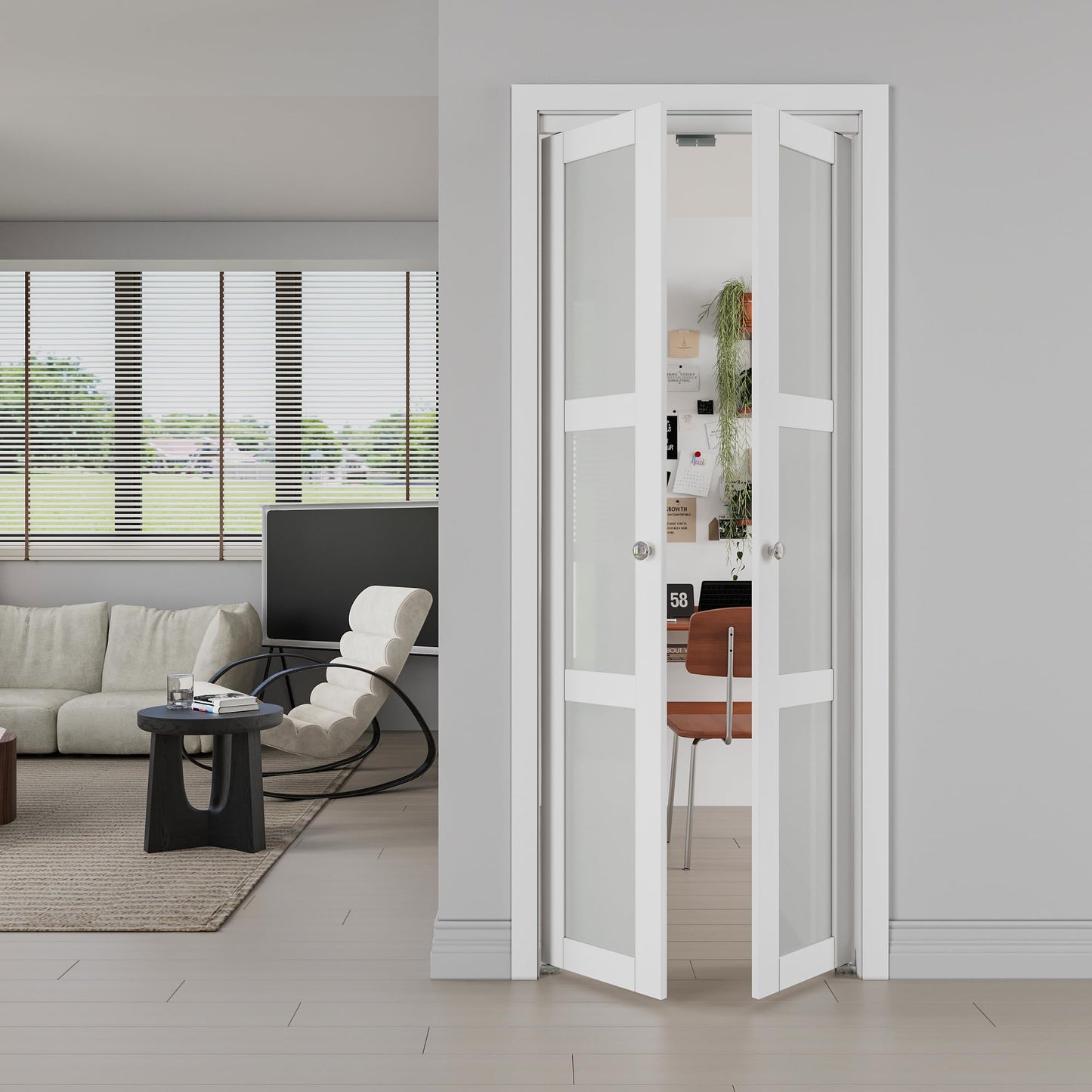 JUJUBON Pivot French Doors, 3-Lite Frosted Glass,Solid Core MDF Wood & PVC Covered Finished, White Closet Doors