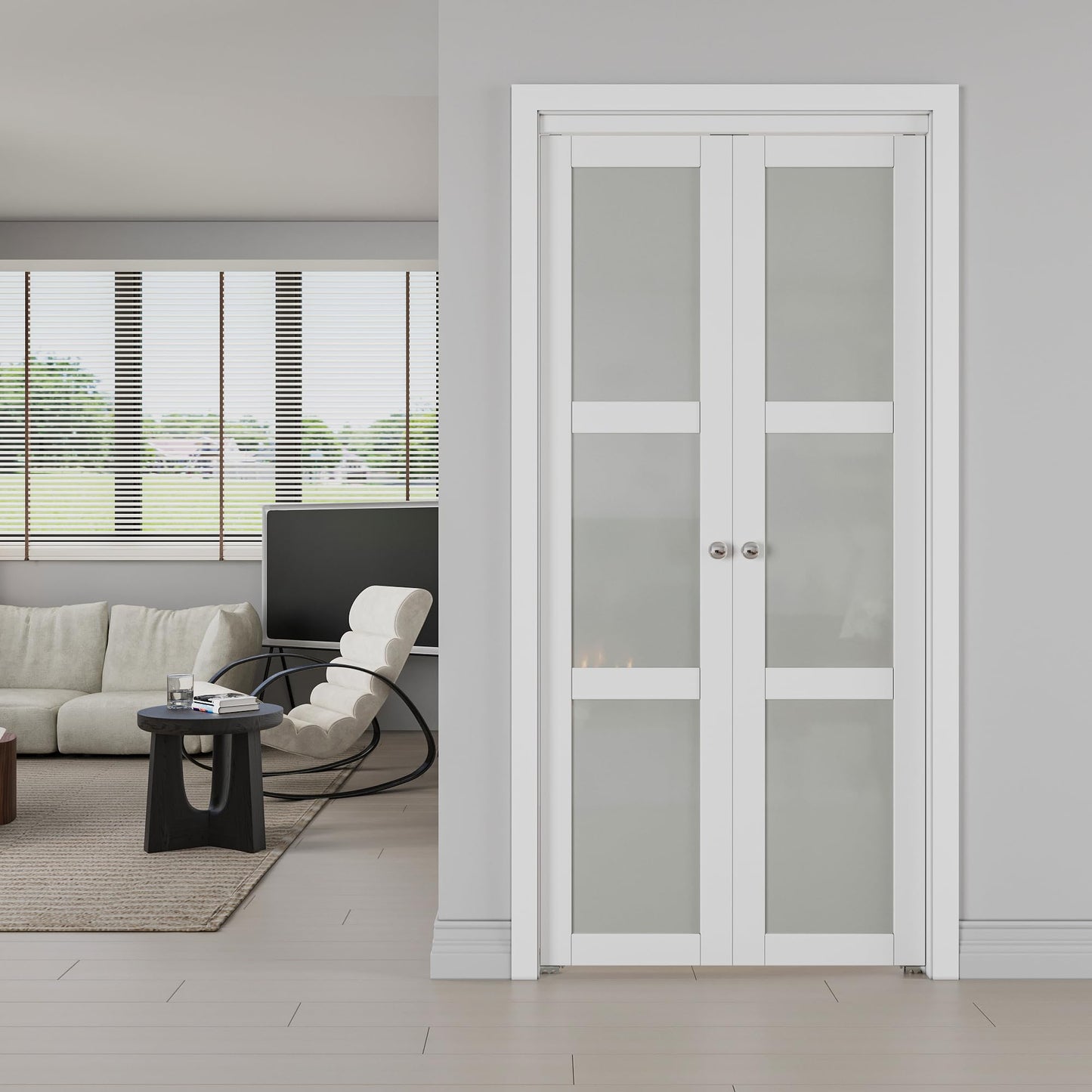 JUJUBON Pivot French Doors, 3-Lite Frosted Glass,Solid Core MDF Wood & PVC Covered Finished, White Closet Doors