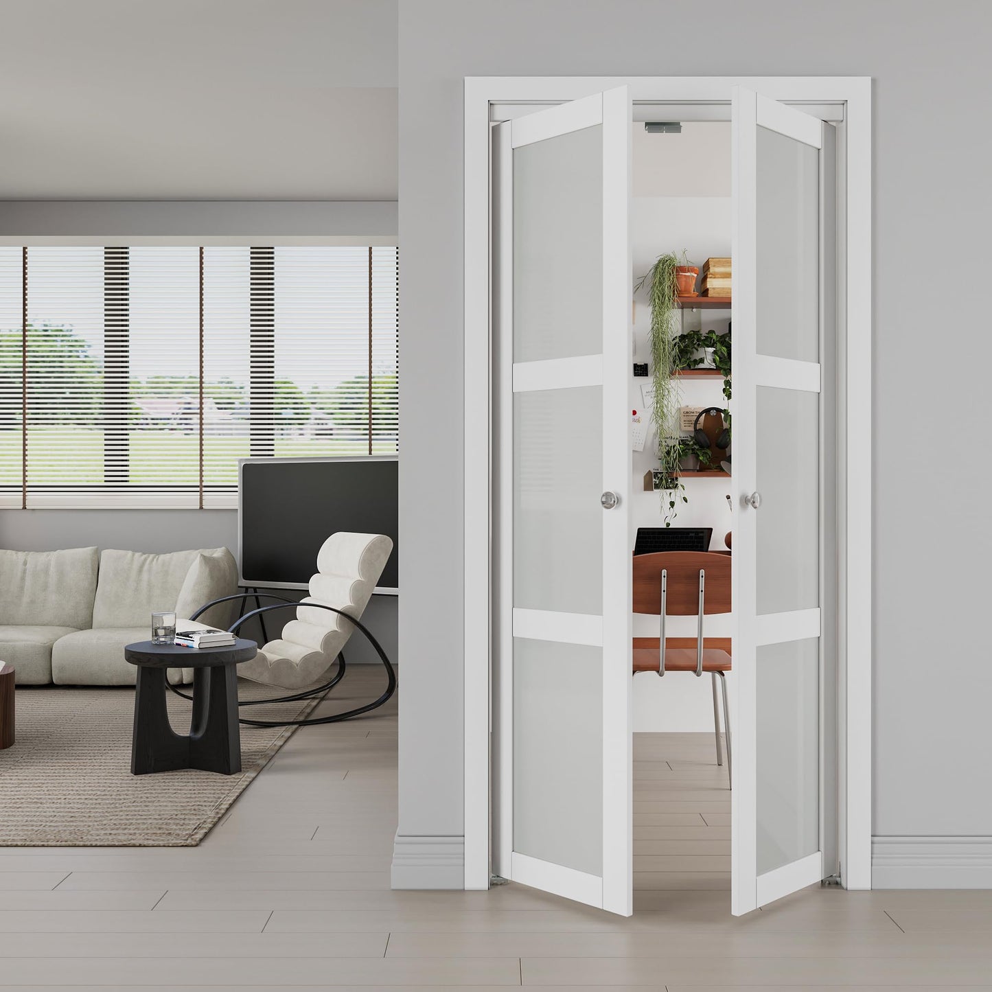 JUJUBON Pivot French Doors, 3-Lite Frosted Glass,Solid Core MDF Wood & PVC Covered Finished, White Closet Doors