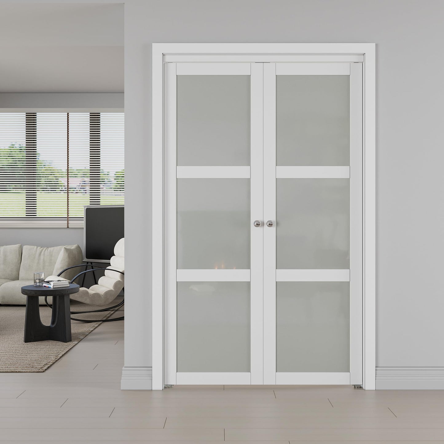 JUJUBON Pivot French Doors, 3-Lite Frosted Glass,Solid Core MDF Wood & PVC Covered Finished, White Closet Doors
