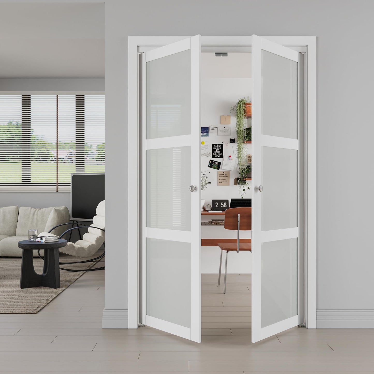 JUJUBON Pivot French Doors, 3-Lite Frosted Glass,Solid Core MDF Wood & PVC Covered Finished, White Closet Doors