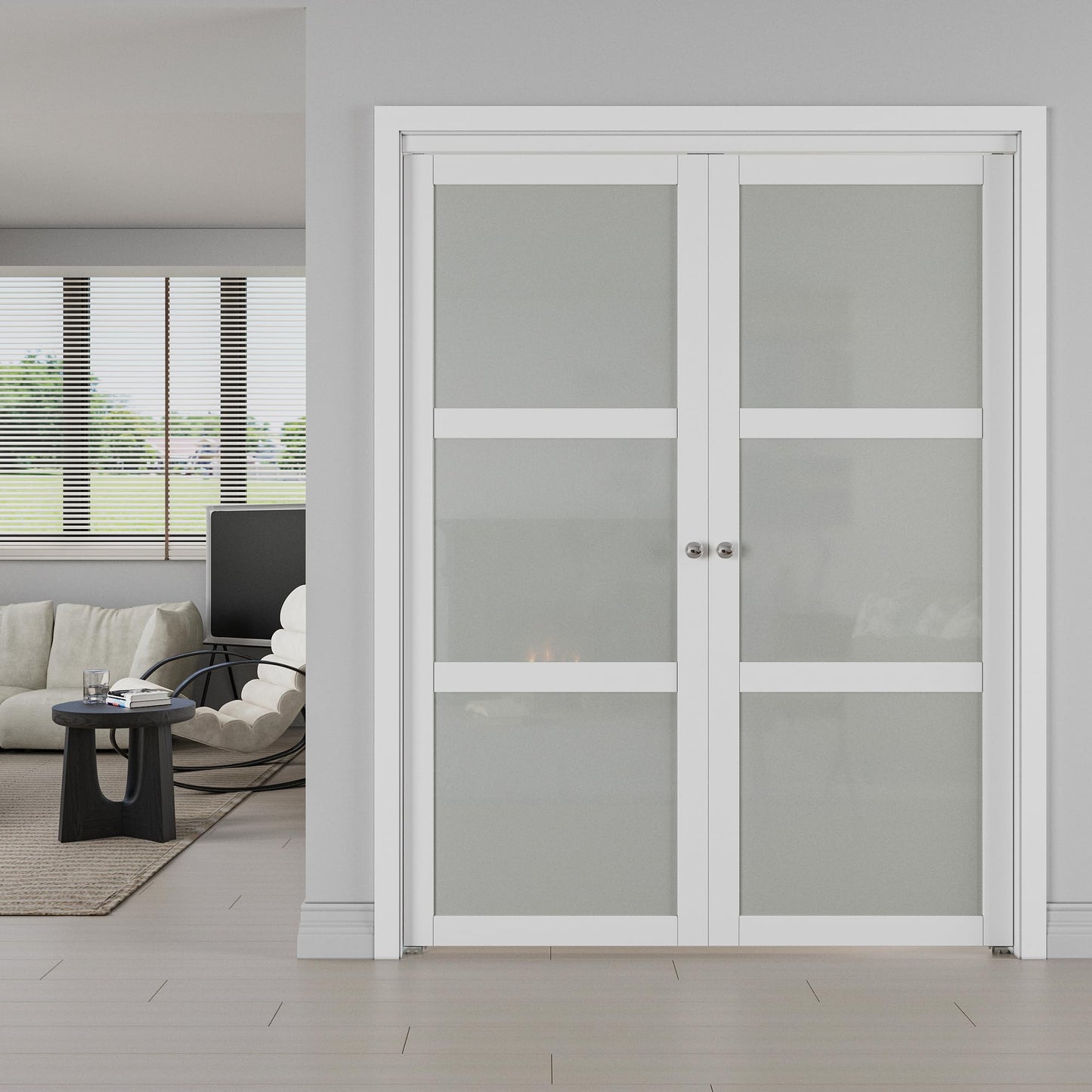 JUJUBON Pivot French Doors, 3-Lite Frosted Glass,Solid Core MDF Wood & PVC Covered Finished, White Closet Doors