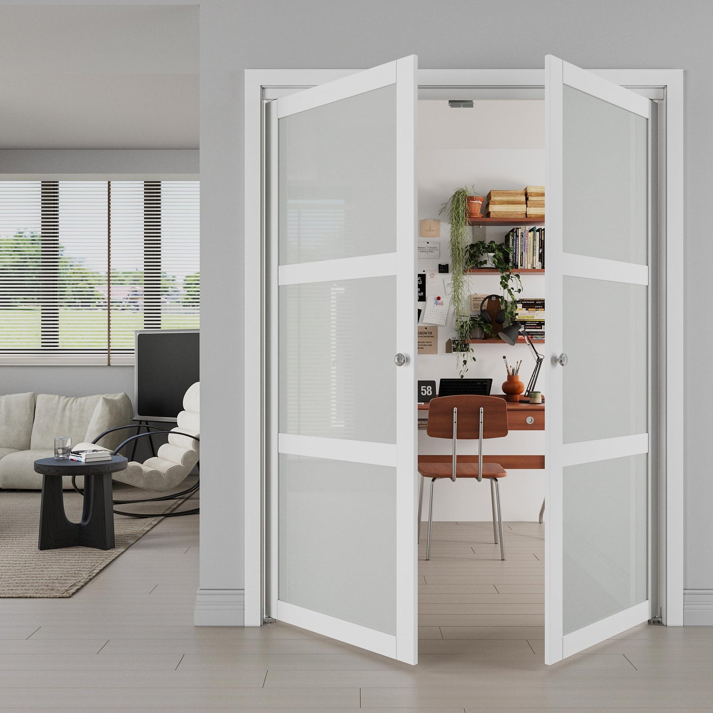 JUJUBON Pivot French Doors, 3-Lite Frosted Glass,Solid Core MDF Wood & PVC Covered Finished, White Closet Doors