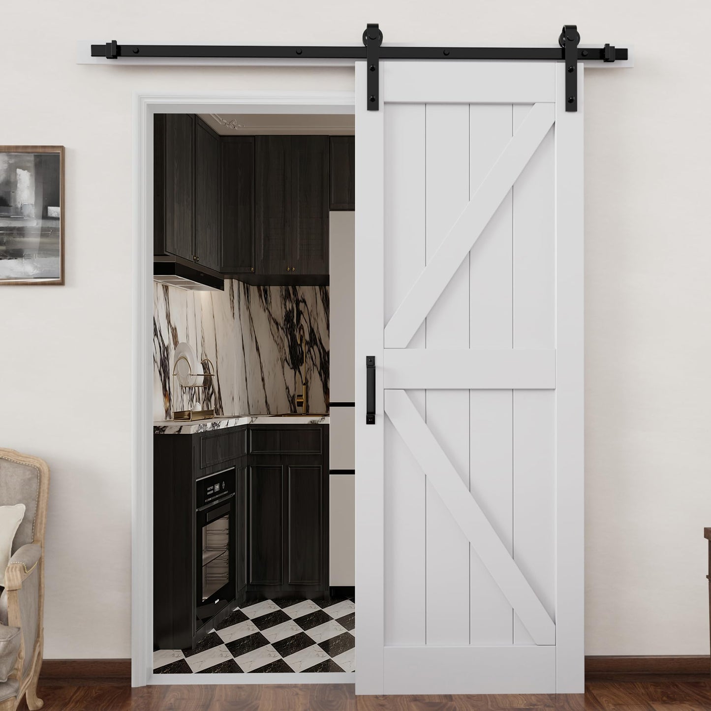 Barn Doors and Hardware Track Kit Included Handle, Heavy Solid Water-Resistant Anti-Scratch MDF Wood Sliding Barn Door, Simple DIY Assembly, Easy to Install, K-Frame, White