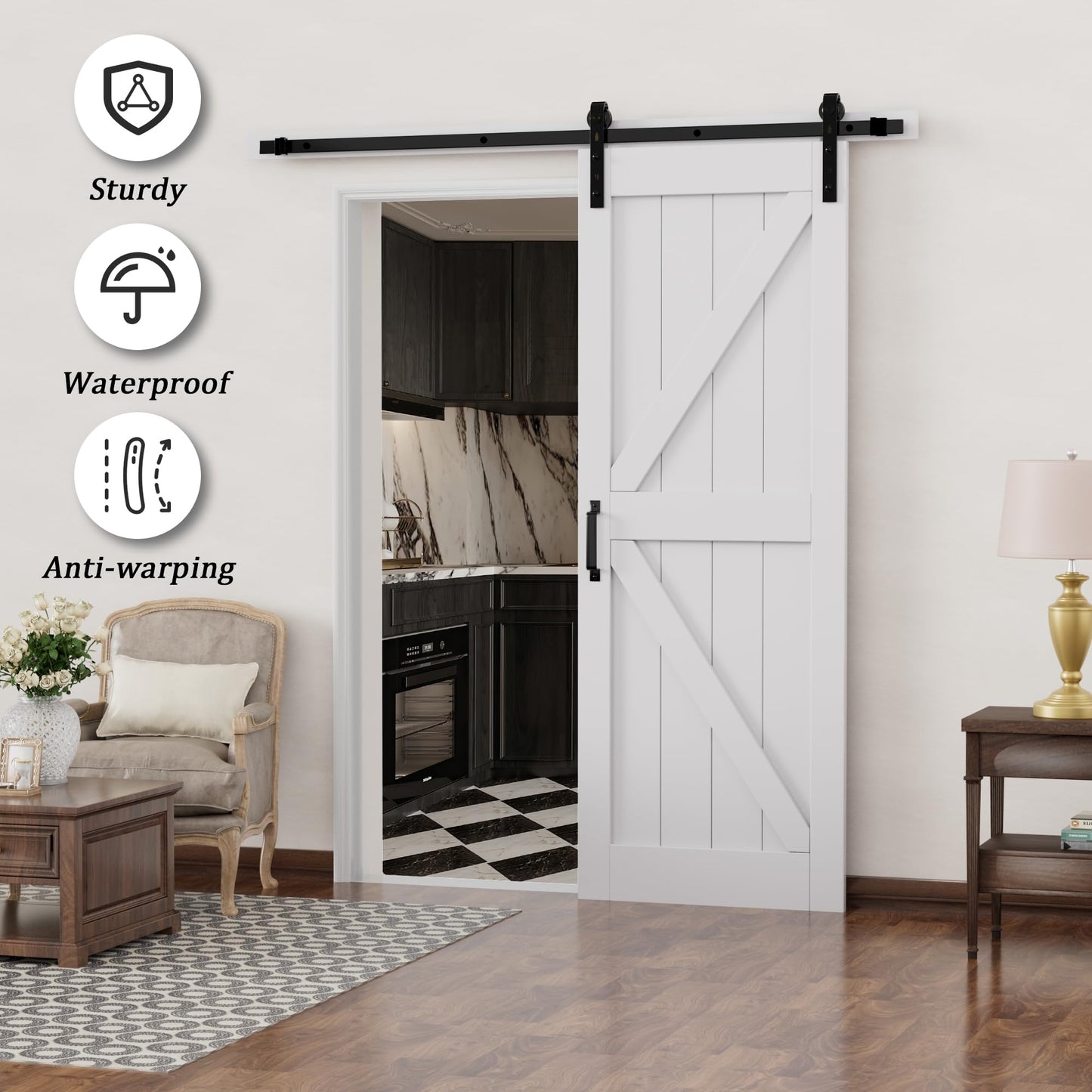 Barn Doors and Hardware Track Kit Included Handle, Heavy Solid Water-Resistant Anti-Scratch MDF Wood Sliding Barn Door, Simple DIY Assembly, Easy to Install, K-Frame, White