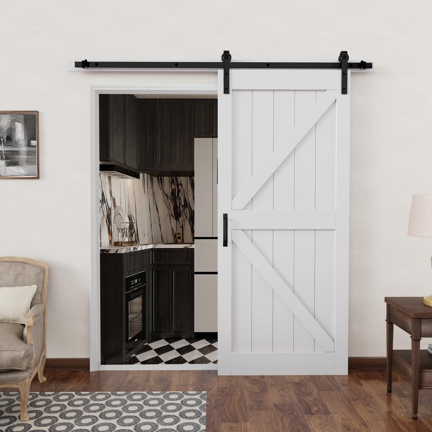 Barn Doors and Hardware Track Kit Included Handle, Heavy Solid Water-Resistant Anti-Scratch MDF Wood Sliding Barn Door, Simple DIY Assembly, Easy to Install, K-Frame, White