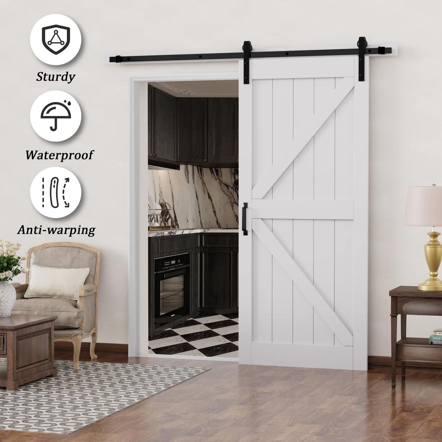 Barn Doors and Hardware Track Kit Included Handle, Heavy Solid Water-Resistant Anti-Scratch MDF Wood Sliding Barn Door, Simple DIY Assembly, Easy to Install, K-Frame, White