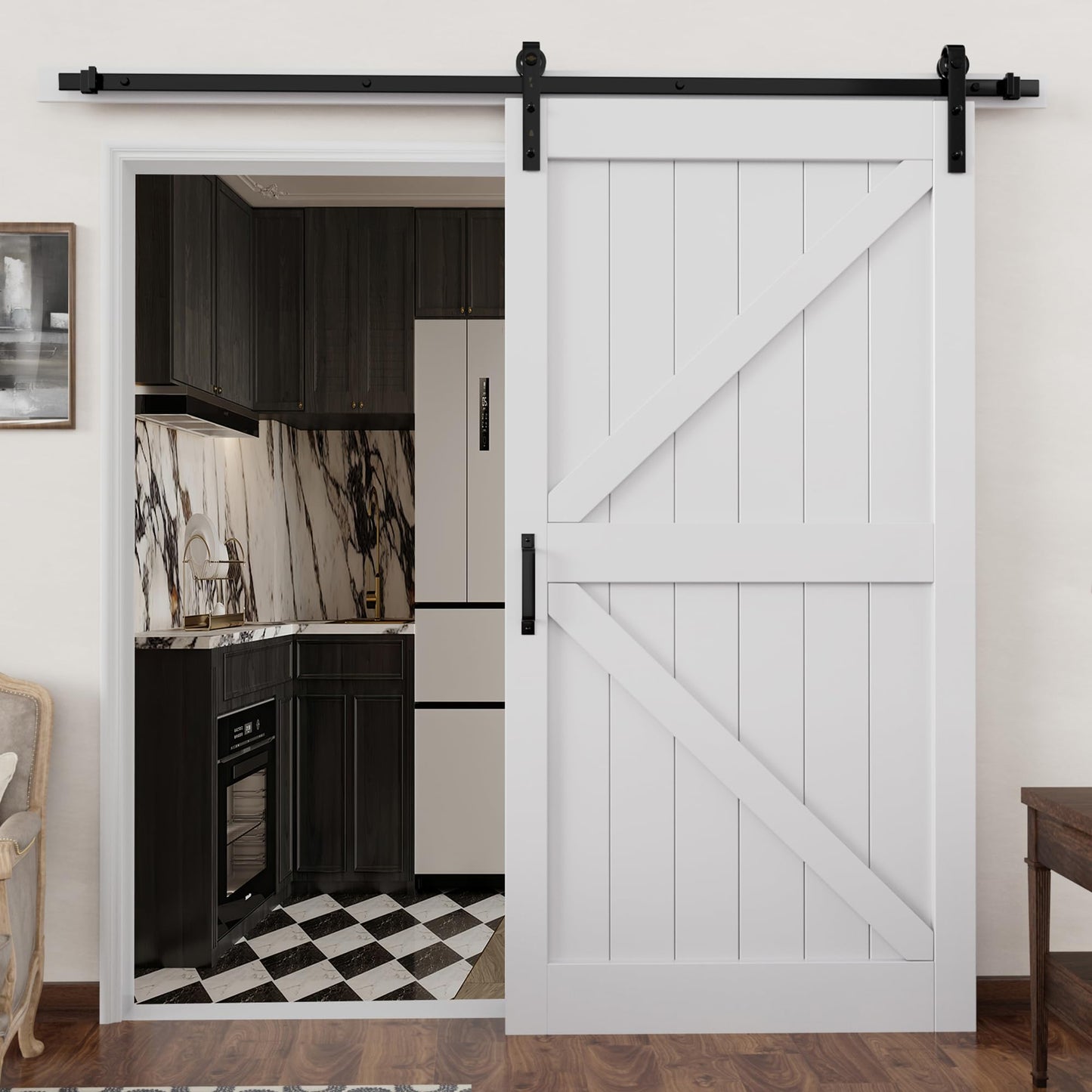 Barn Doors and Hardware Track Kit Included Handle, Heavy Solid Water-Resistant Anti-Scratch MDF Wood Sliding Barn Door, Simple DIY Assembly, Easy to Install, K-Frame, White