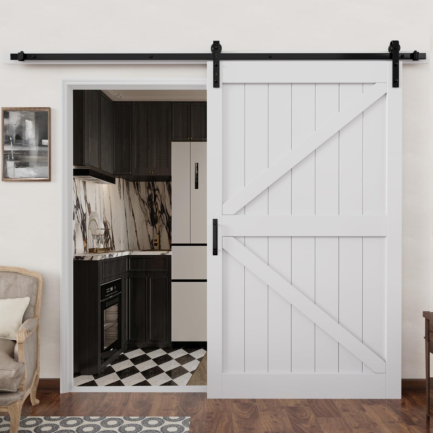 Barn Doors and Hardware Track Kit Included Handle, Heavy Solid Water-Resistant Anti-Scratch MDF Wood Sliding Barn Door, Simple DIY Assembly, Easy to Install, K-Frame, White