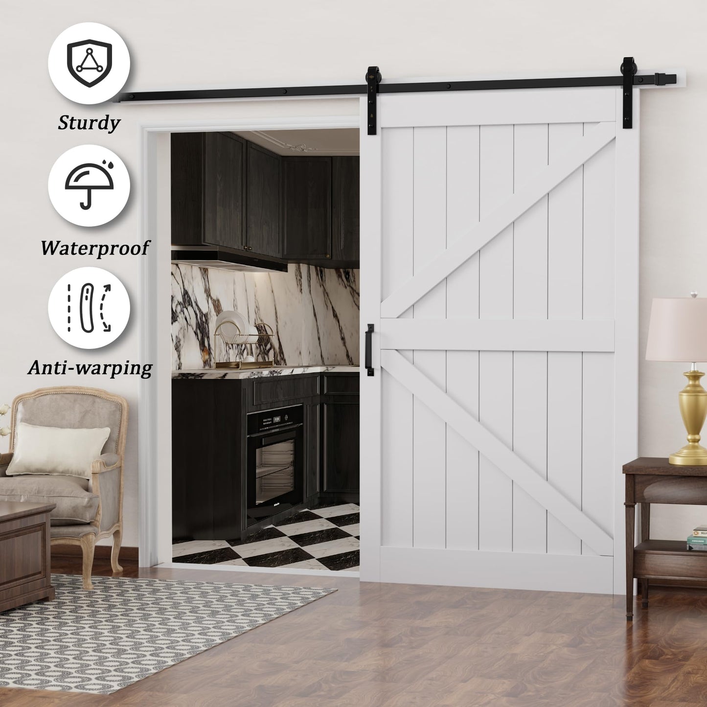 Barn Doors and Hardware Track Kit Included Handle, Heavy Solid Water-Resistant Anti-Scratch MDF Wood Sliding Barn Door, Simple DIY Assembly, Easy to Install, K-Frame, White
