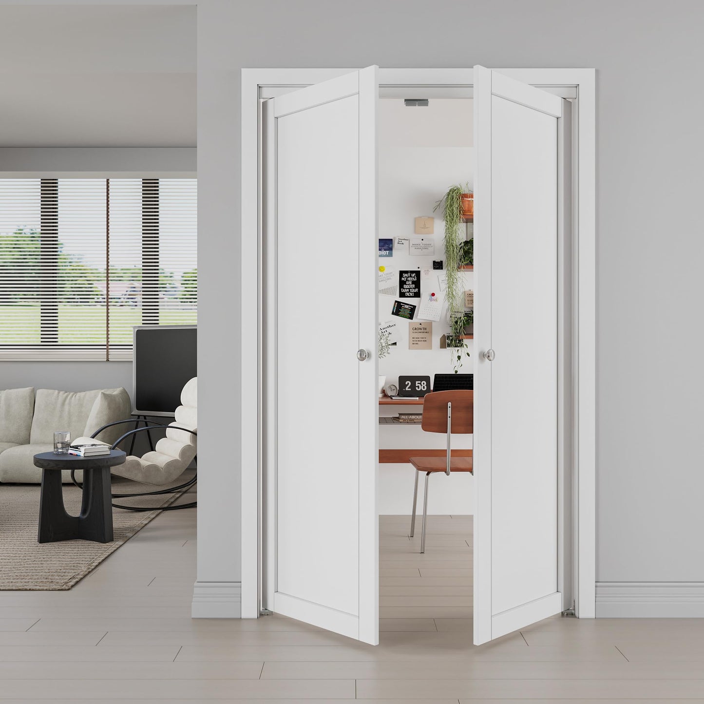 Jujubon 1-Lite Panel Closet Pivot Door with Hardware Kit & Knob, Solid Core MDF Wood & PVC Covered Finished, White