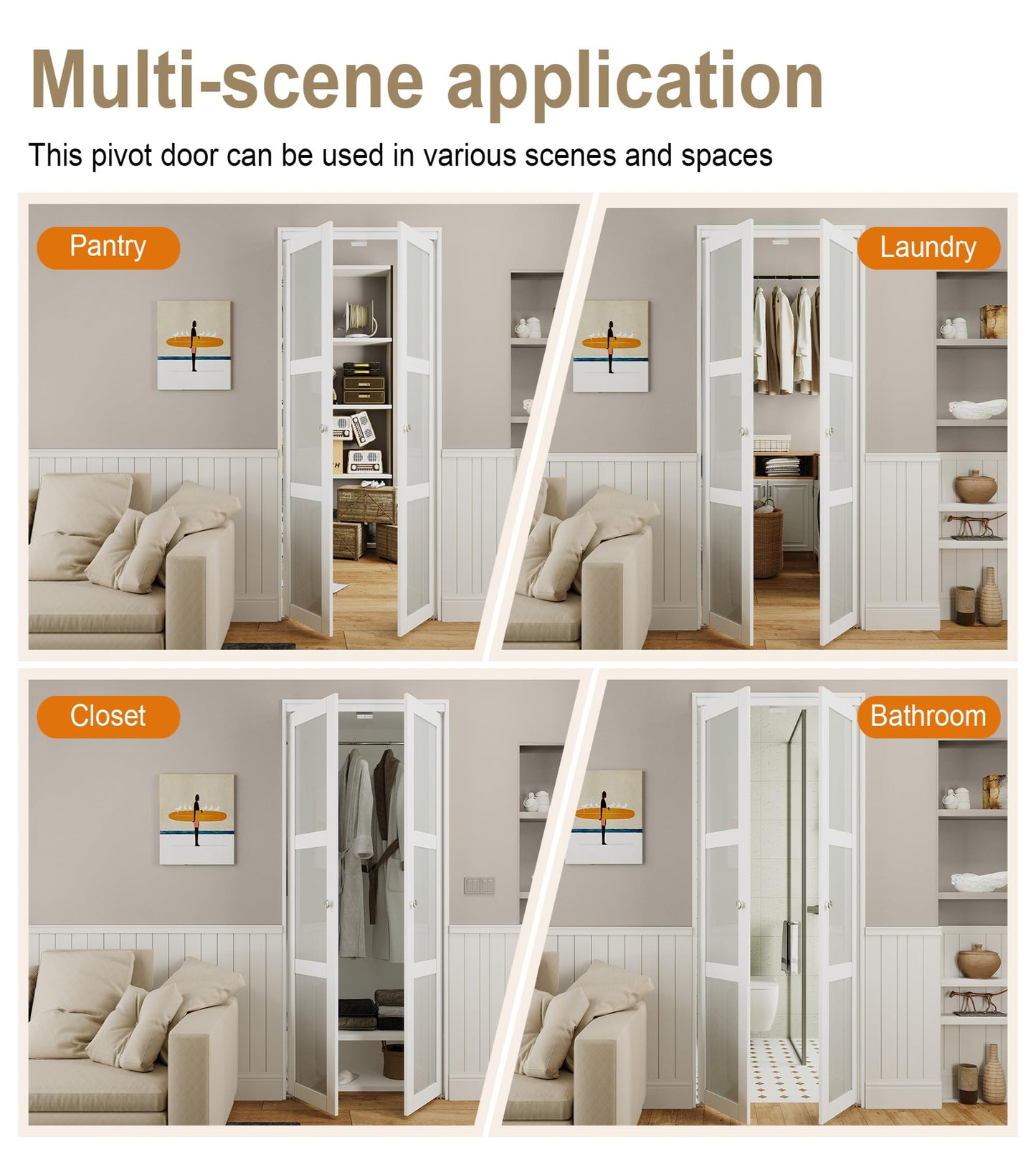 Jujubon 3-Lite Panel Closet Pivot Door with Hardware Kit & Knob, Solid Core MDF Wood & Finished & PVC Surface, White