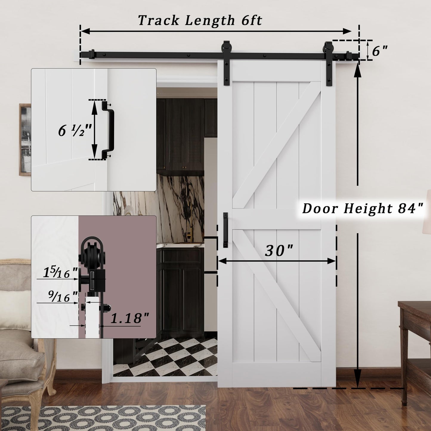Barn Doors and Hardware Track Kit Included Handle, Heavy Solid Water-Resistant Anti-Scratch MDF Wood Sliding Barn Door, Simple DIY Assembly, Easy to Install, K-Frame, White