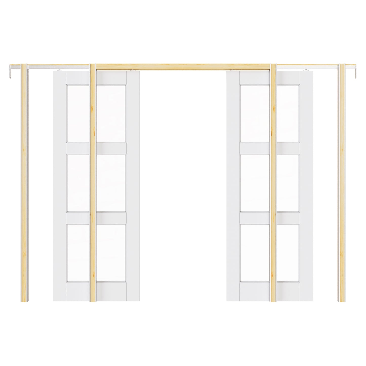 Jujubon 3-Lite Clear Glass Pocket Door with Hardware Kit & Soft Close & Frame, MDF Wood & Paint-grade Finished, White