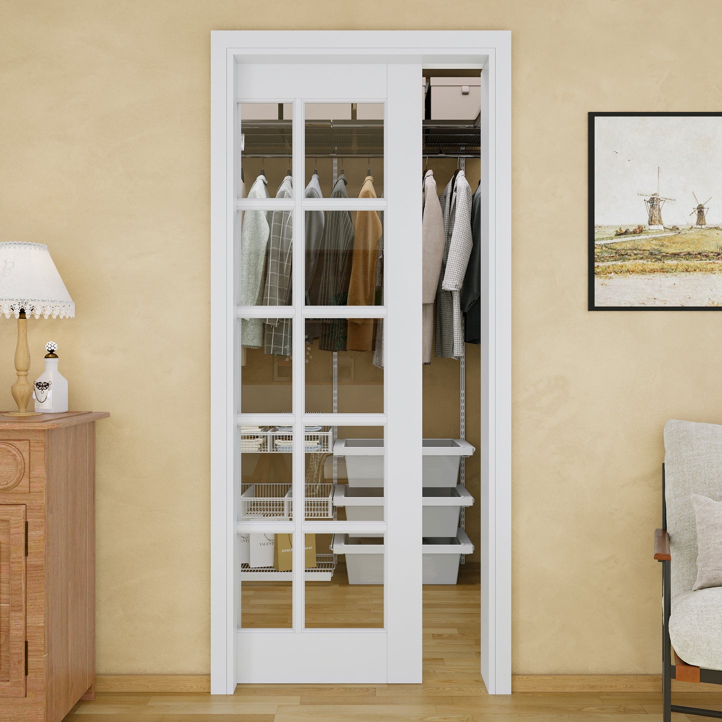 JUJUBON Soft-Close Sliding Pocket Doors, 10-Lite Tempered Clear Glass Door Slab with Hardware Kit&Pocket Door Frame, Interior Sliding Doors for 2x4 Stud, Pre-Finished&Paintable