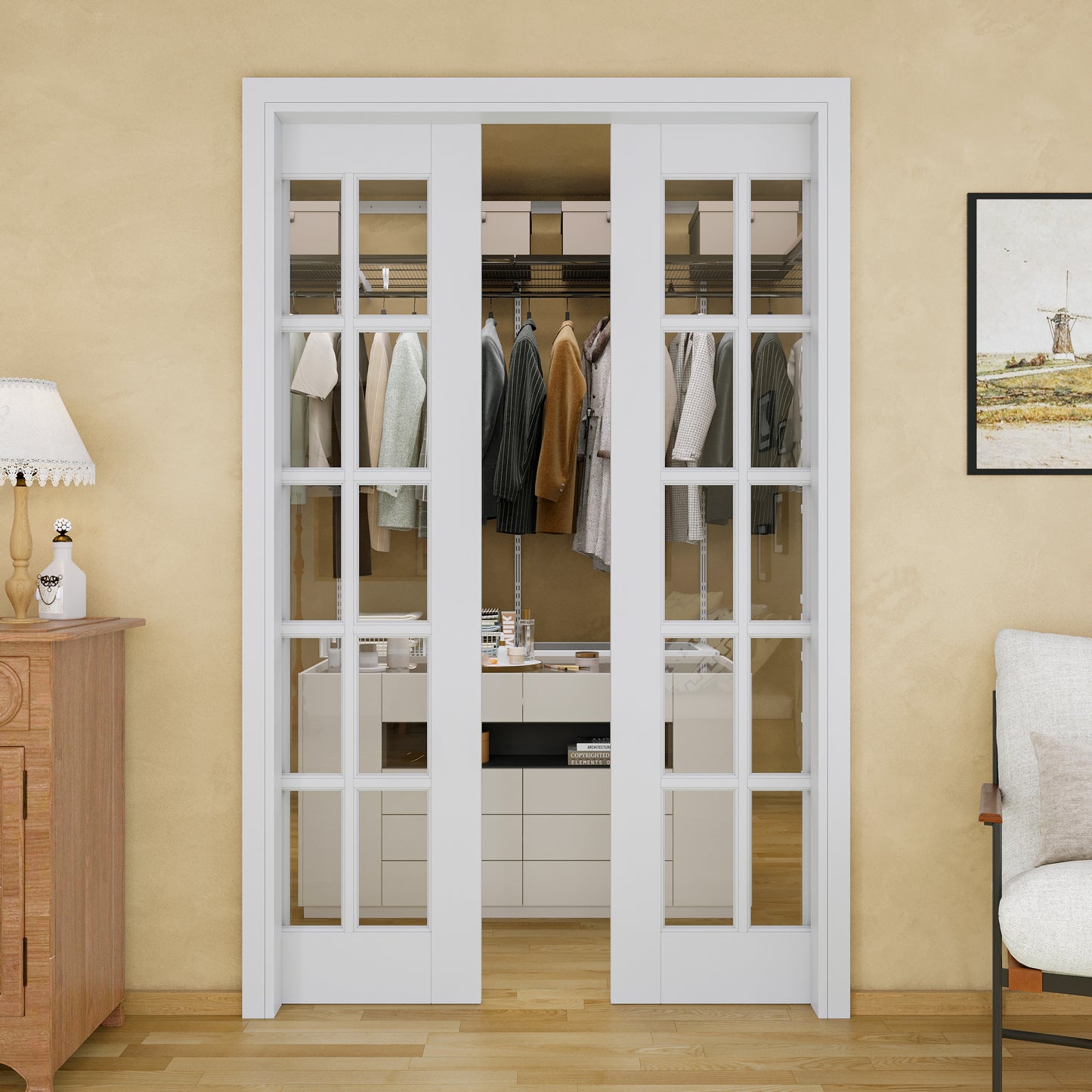 JUJUBON Soft-Close Sliding Pocket Doors, 10-Lite Tempered Clear Glass Door Slab with Hardware Kit&Pocket Door Frame, Interior Sliding Doors for 2x4 Stud, Pre-Finished&Paintable
