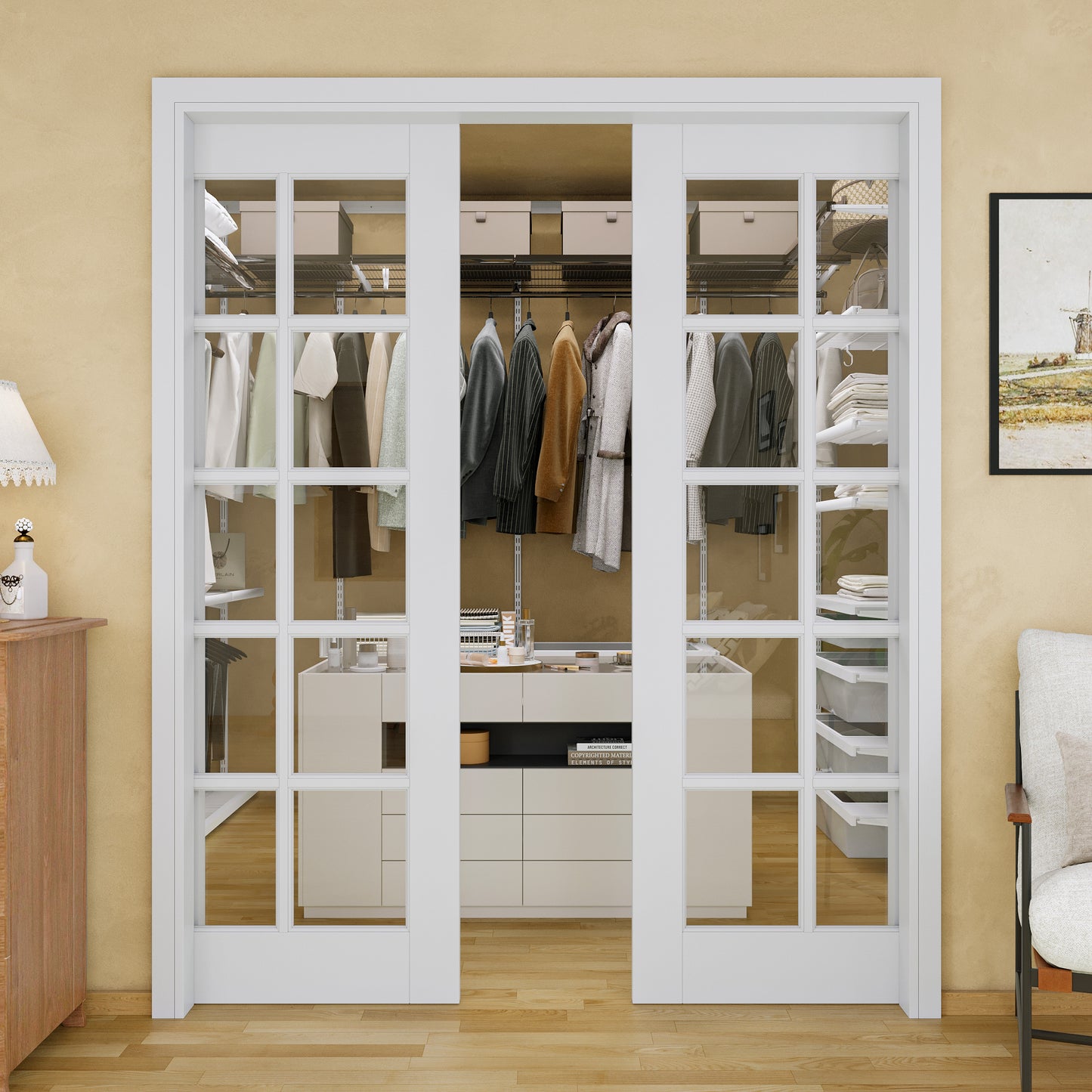 JUJUBON Soft-Close Sliding Pocket Doors, 10-Lite Tempered Clear Glass Door Slab with Hardware Kit&Pocket Door Frame, Interior Sliding Doors for 2x4 Stud, Pre-Finished&Paintable
