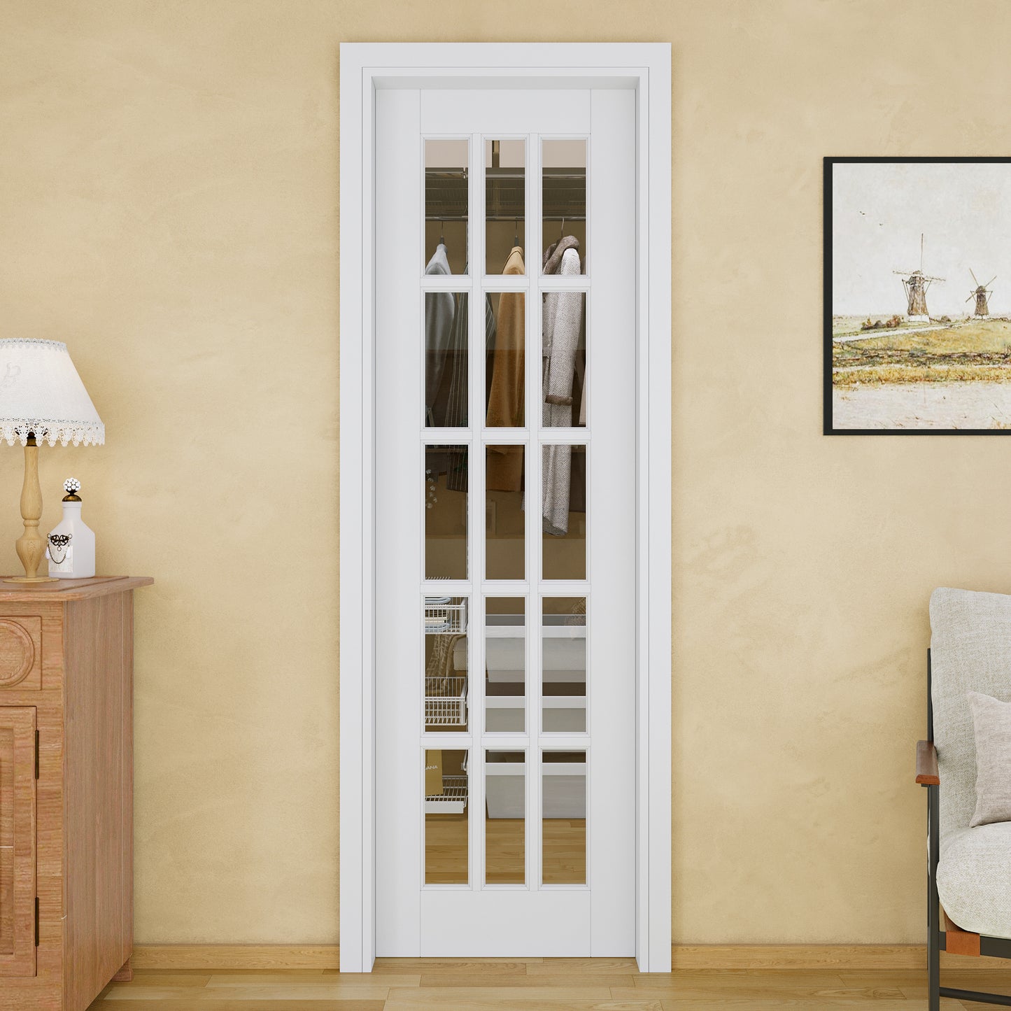 Jujubon 15-Lite Clear Glass Pocket Door with Hardware Kit & Soft Close & Frame, MDF Wood & Paint-grade Finished, White