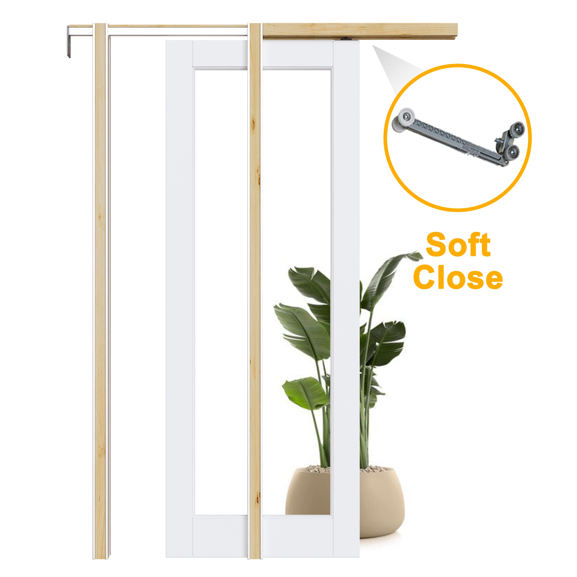 JUJUBON Soft-Close Sliding Pocket Doors, Tempered Clear Glass Door Slab with Hardware Kit&Pocket Door Frame, Interior Sliding Doors for 2x4 Stud, Pre-Finished&Paintable
