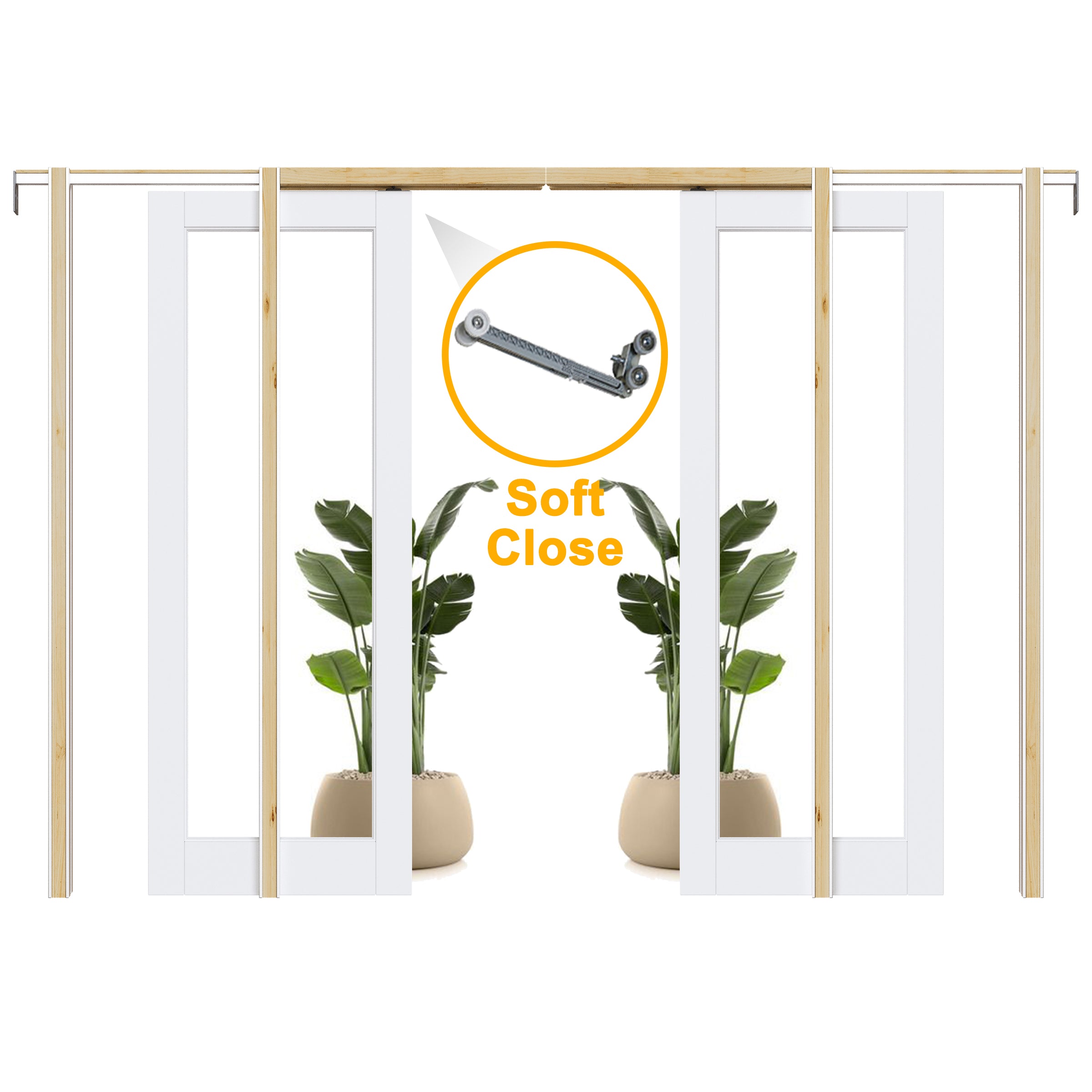 JUJUBON Soft-Close Sliding Pocket Doors, Tempered Clear Glass Door Slab with Hardware Kit&Pocket Door Frame, Interior Sliding Doors for 2x4 Stud, Pre-Finished&Paintable