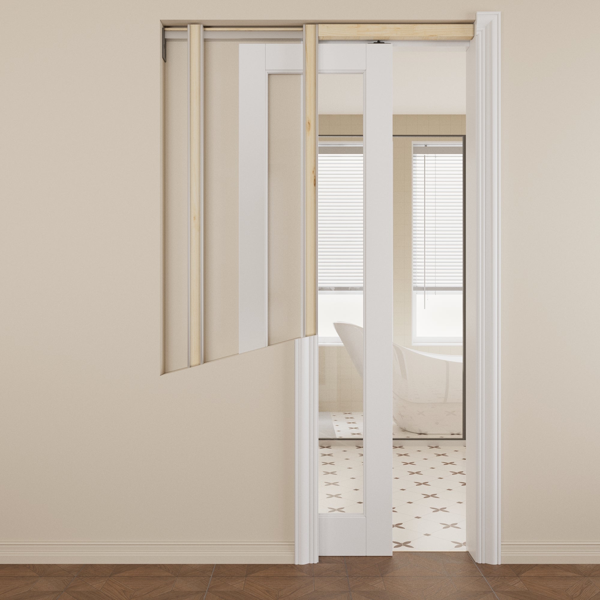 JUJUBON Soft-Close Sliding Pocket Doors, Tempered Clear Glass Door Slab with Hardware Kit&Pocket Door Frame, Interior Sliding Doors for 2x4 Stud, Pre-Finished&Paintable