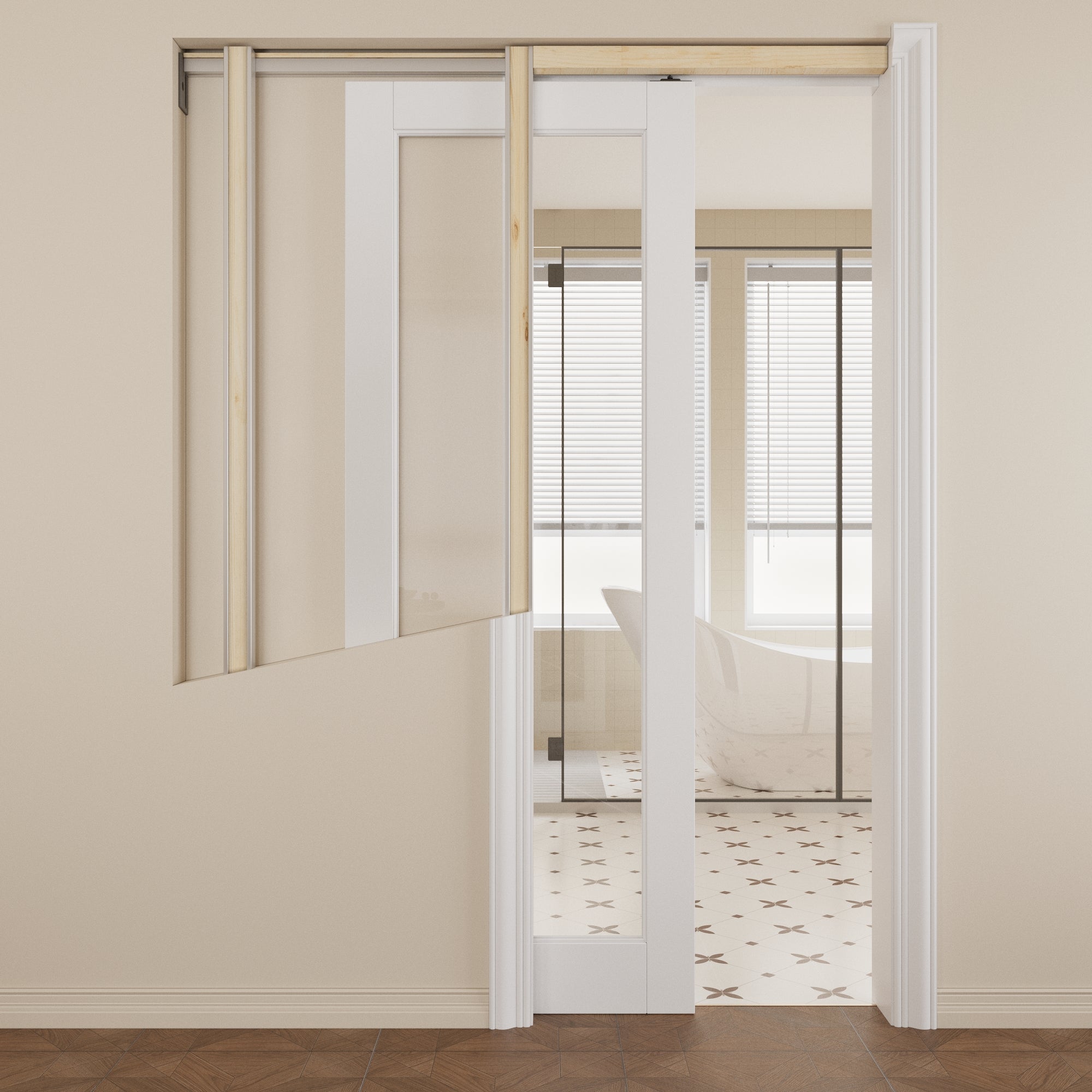 JUJUBON Soft-Close Sliding Pocket Doors, Tempered Clear Glass Door Slab with Hardware Kit&Pocket Door Frame, Interior Sliding Doors for 2x4 Stud, Pre-Finished&Paintable