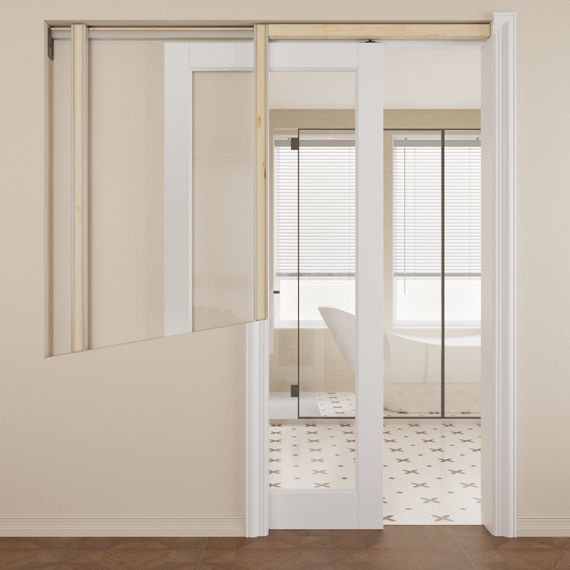 JUJUBON Soft-Close Sliding Pocket Doors, Tempered Clear Glass Door Slab with Hardware Kit&Pocket Door Frame, Interior Sliding Doors for 2x4 Stud, Pre-Finished&Paintable