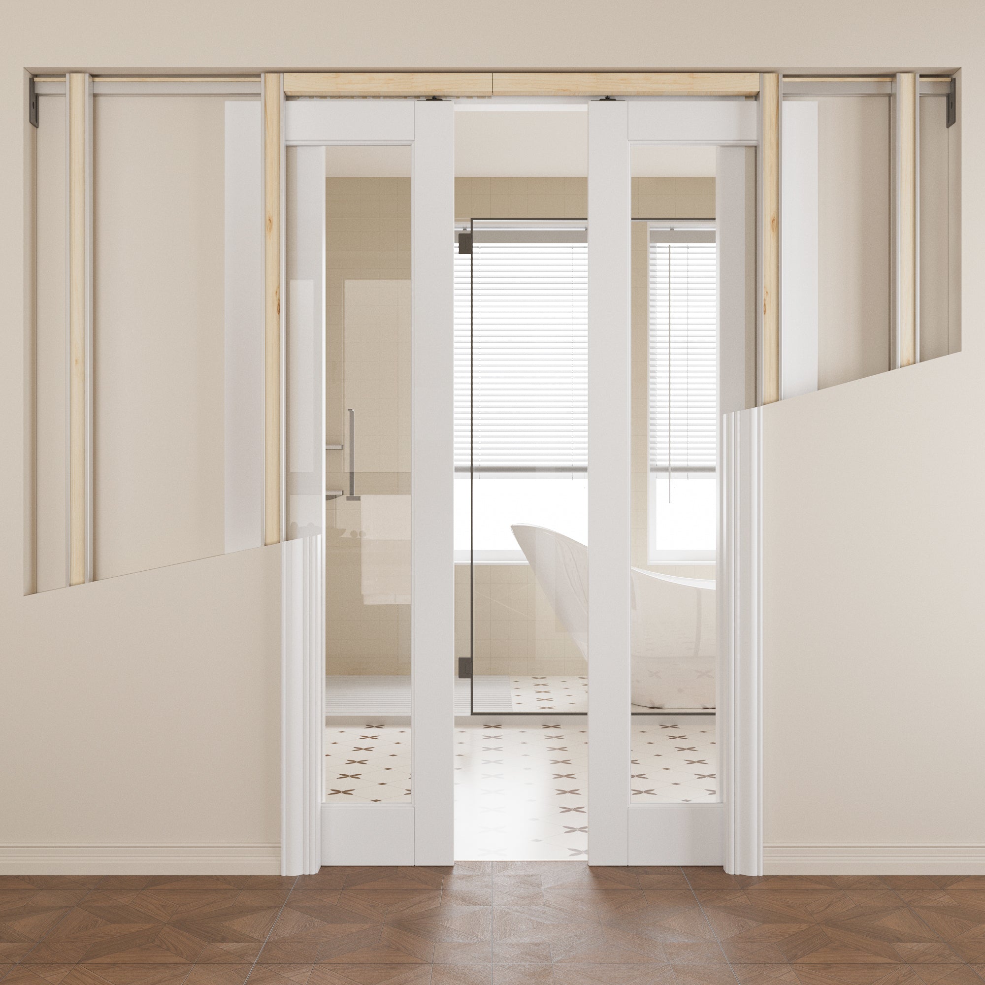 JUJUBON Soft-Close Sliding Pocket Doors, Tempered Clear Glass Door Slab with Hardware Kit&Pocket Door Frame, Interior Sliding Doors for 2x4 Stud, Pre-Finished&Paintable