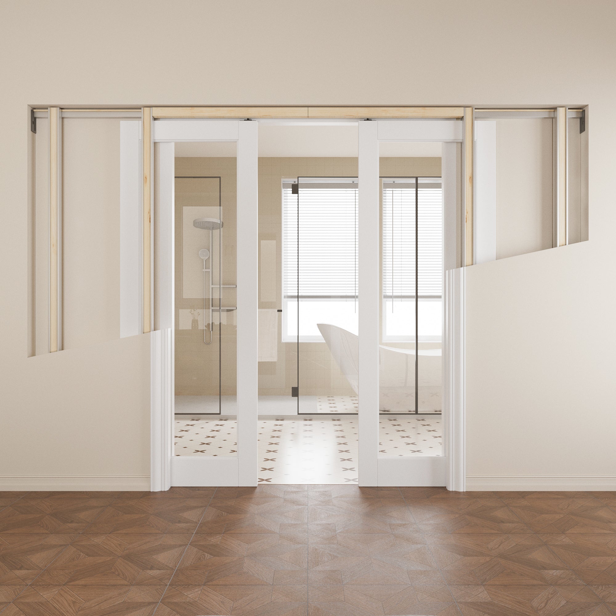JUJUBON Soft-Close Sliding Pocket Doors, Tempered Clear Glass Door Slab with Hardware Kit&Pocket Door Frame, Interior Sliding Doors for 2x4 Stud, Pre-Finished&Paintable