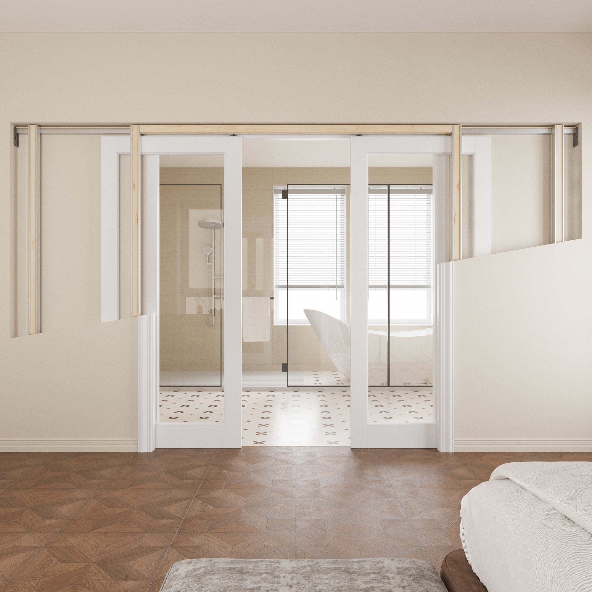 JUJUBON Soft-Close Sliding Pocket Doors, Tempered Clear Glass Door Slab with Hardware Kit&Pocket Door Frame, Interior Sliding Doors for 2x4 Stud, Pre-Finished&Paintable