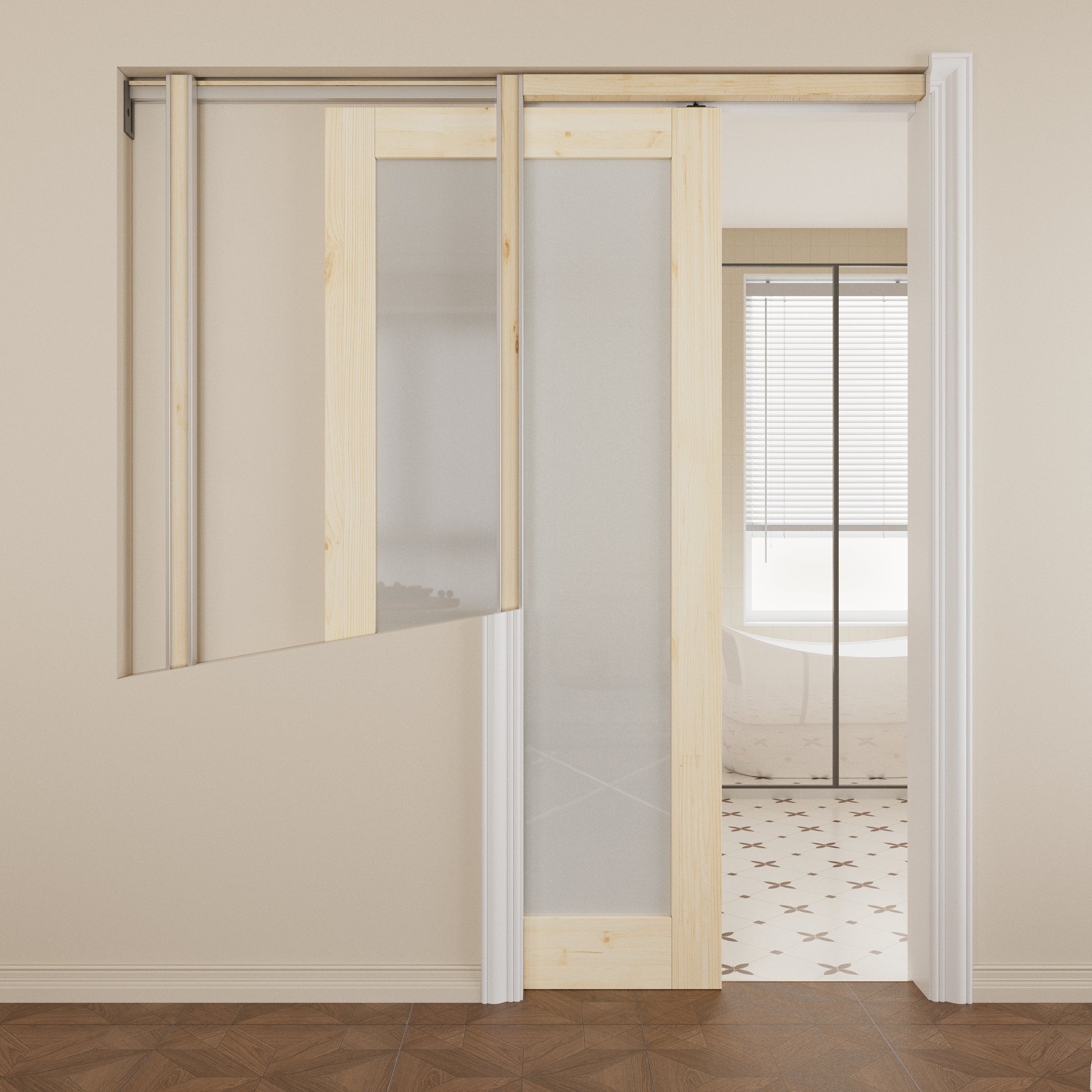 JUJUBON Soft-Close Sliding Pocket Doors, Tempered Frosted Glass&Pine Wood Door Slab with Hardware Kit&Pocket Door Frame, Interior Sliding Doors for 2x4 Stud, Unfinished