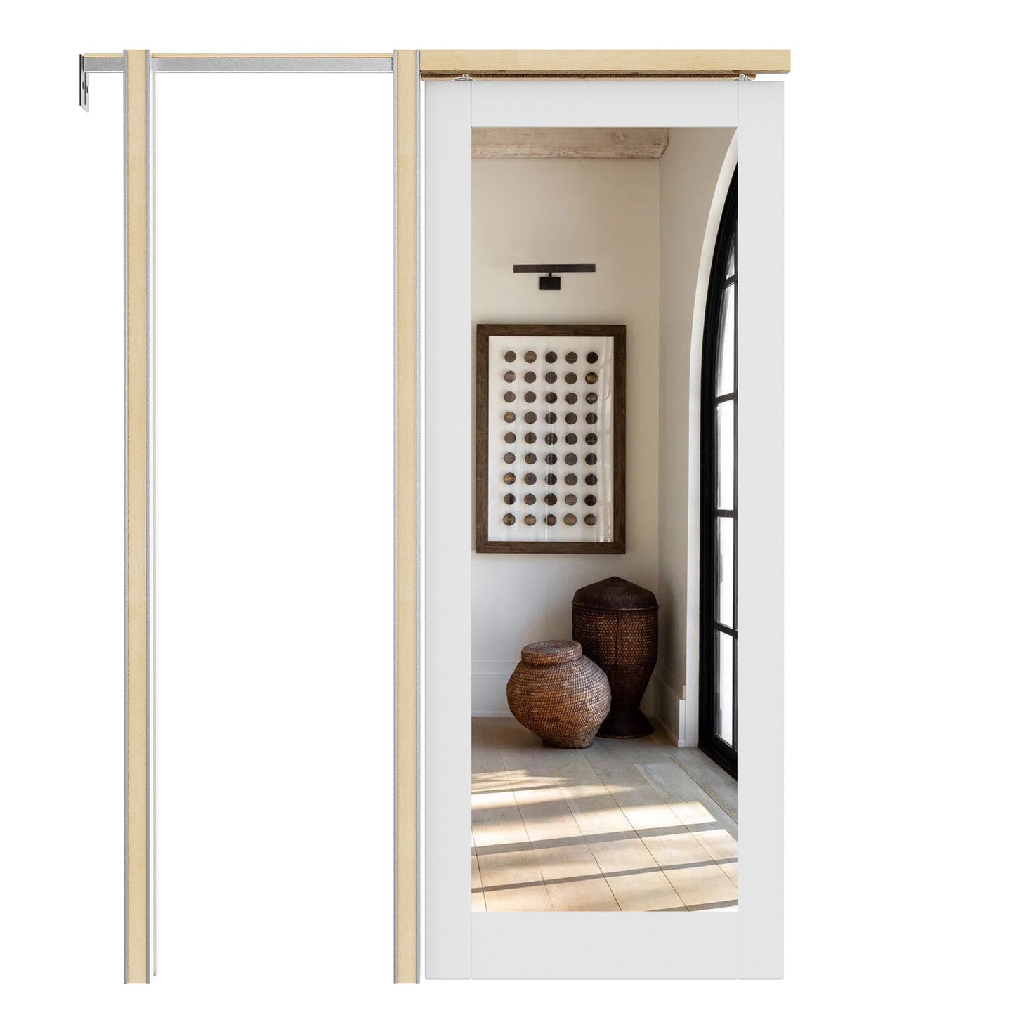 JUJUBON Soft-Close Sliding Pocket Doors, Mirror Door Slab with Hardware Kit&Pocket Door Frame, Interior Sliding Doors for 2x4 Stud, Pre-Finished&Paintable, One Side Mirror&The Opposite White