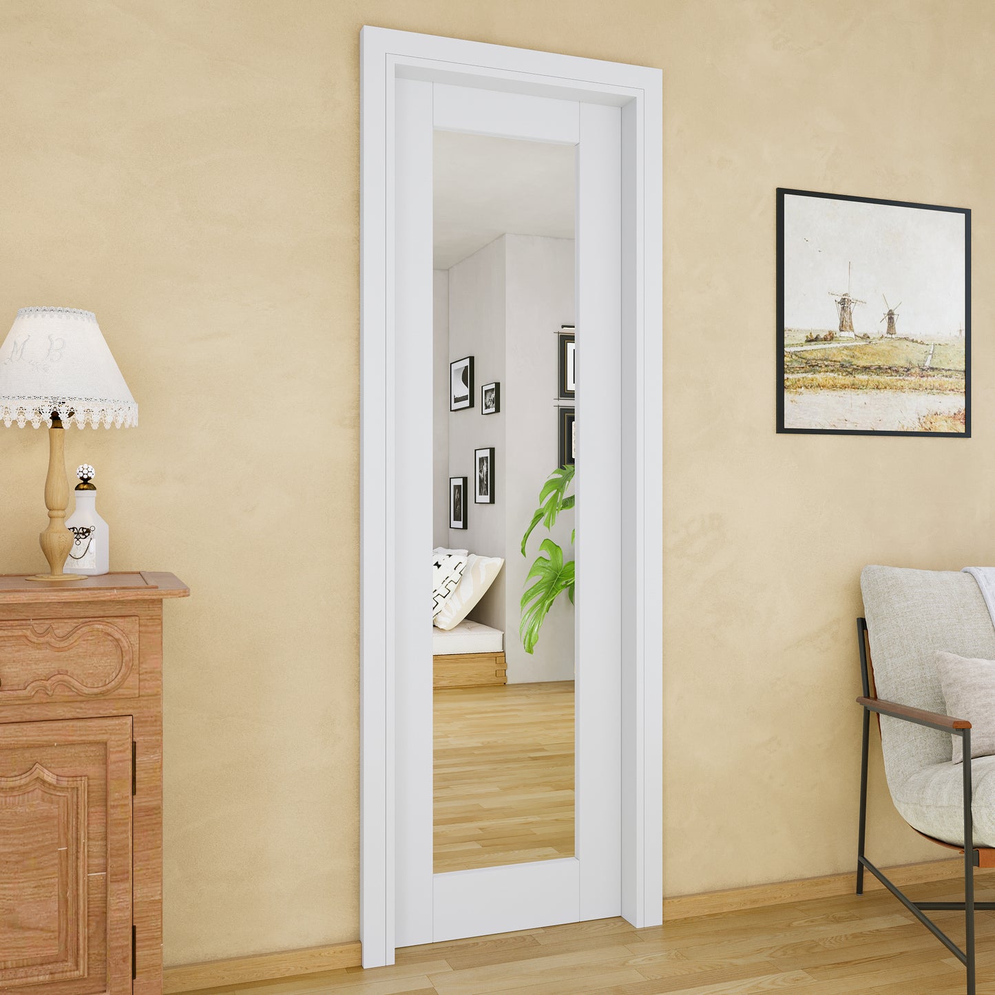 JUJUBON Soft-Close Sliding Pocket Doors, Mirror Door Slab with Hardware Kit&Pocket Door Frame, Interior Sliding Doors for 2x4 Stud, Pre-Finished&Paintable, One Side Mirror&The Opposite White