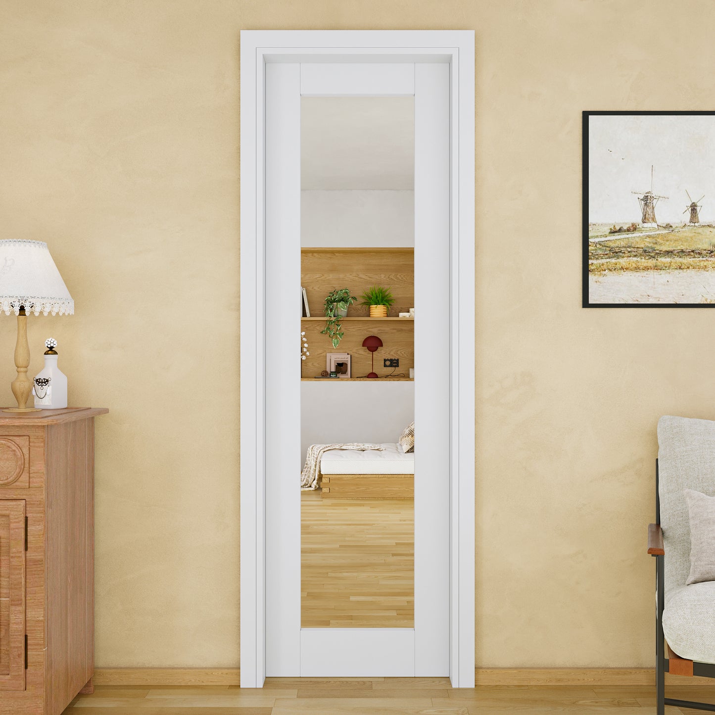JUJUBON Soft-Close Sliding Pocket Doors, Mirror Door Slab with Hardware Kit&Pocket Door Frame, Interior Sliding Doors for 2x4 Stud, Pre-Finished&Paintable, One Side Mirror&The Opposite White
