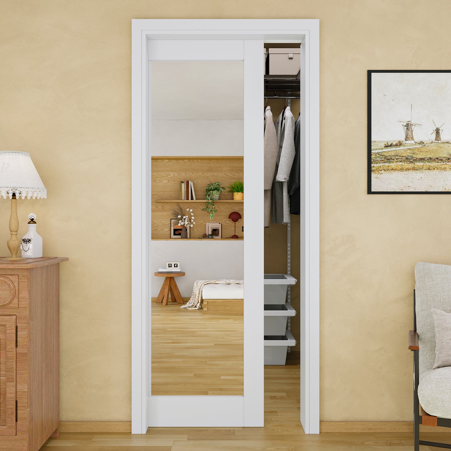 JUJUBON Soft-Close Sliding Pocket Doors, Mirror Door Slab with Hardware Kit&Pocket Door Frame, Interior Sliding Doors for 2x4 Stud, Pre-Finished&Paintable, One Side Mirror&The Opposite White