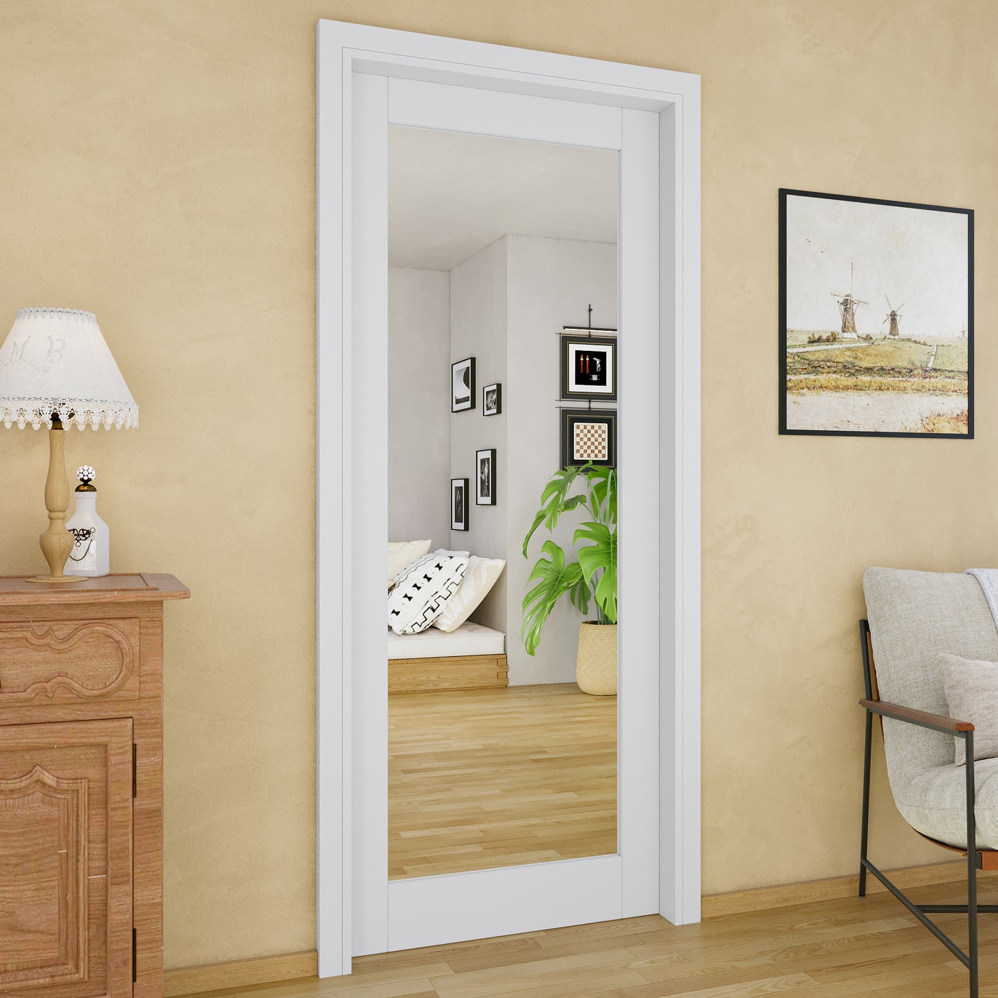 JUJUBON Soft-Close Sliding Pocket Doors, Mirror Door Slab with Hardware Kit&Pocket Door Frame, Interior Sliding Doors for 2x4 Stud, Pre-Finished&Paintable, One Side Mirror&The Opposite White