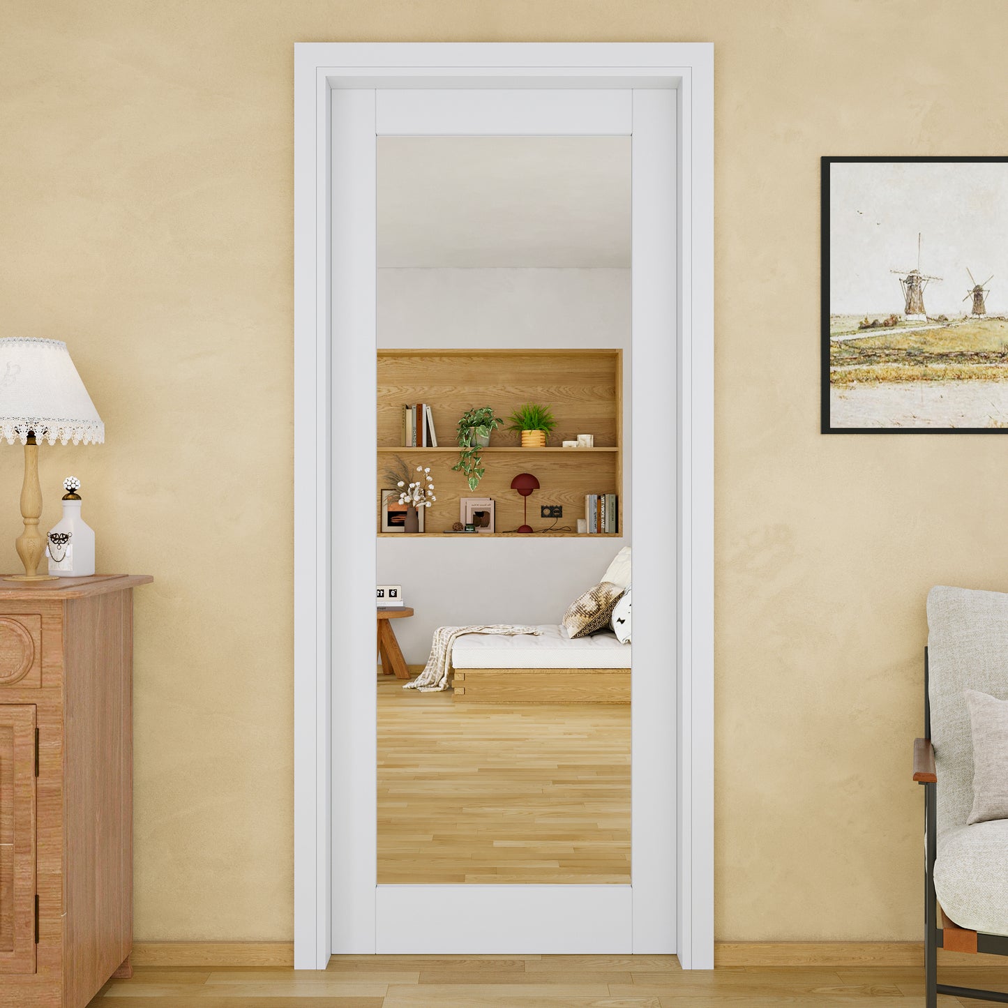 JUJUBON Soft-Close Sliding Pocket Doors, Mirror Door Slab with Hardware Kit&Pocket Door Frame, Interior Sliding Doors for 2x4 Stud, Pre-Finished&Paintable, One Side Mirror&The Opposite White