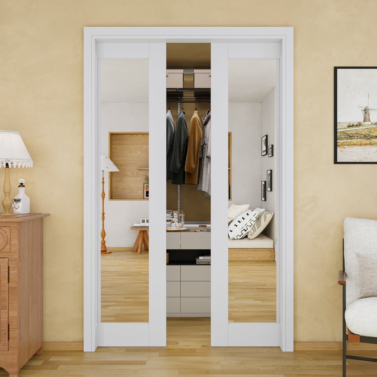 JUJUBON Soft-Close Sliding Pocket Doors, Mirror Door Slab with Hardware Kit&Pocket Door Frame, Interior Sliding Doors for 2x4 Stud, Pre-Finished&Paintable, One Side Mirror&The Opposite White