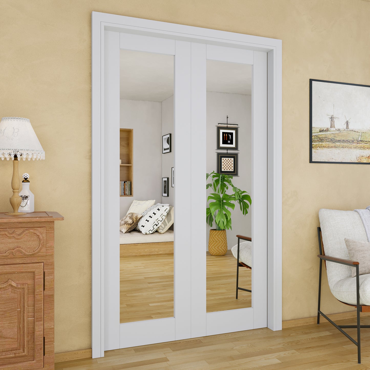 JUJUBON Soft-Close Sliding Pocket Doors, Mirror Door Slab with Hardware Kit&Pocket Door Frame, Interior Sliding Doors for 2x4 Stud, Pre-Finished&Paintable, One Side Mirror&The Opposite White