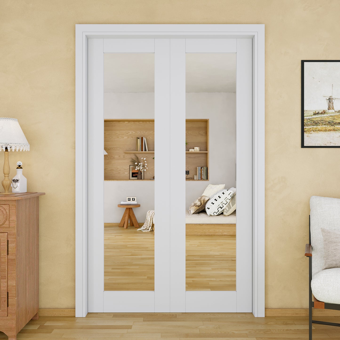 JUJUBON Soft-Close Sliding Pocket Doors, Mirror Door Slab with Hardware Kit&Pocket Door Frame, Interior Sliding Doors for 2x4 Stud, Pre-Finished&Paintable, One Side Mirror&The Opposite White