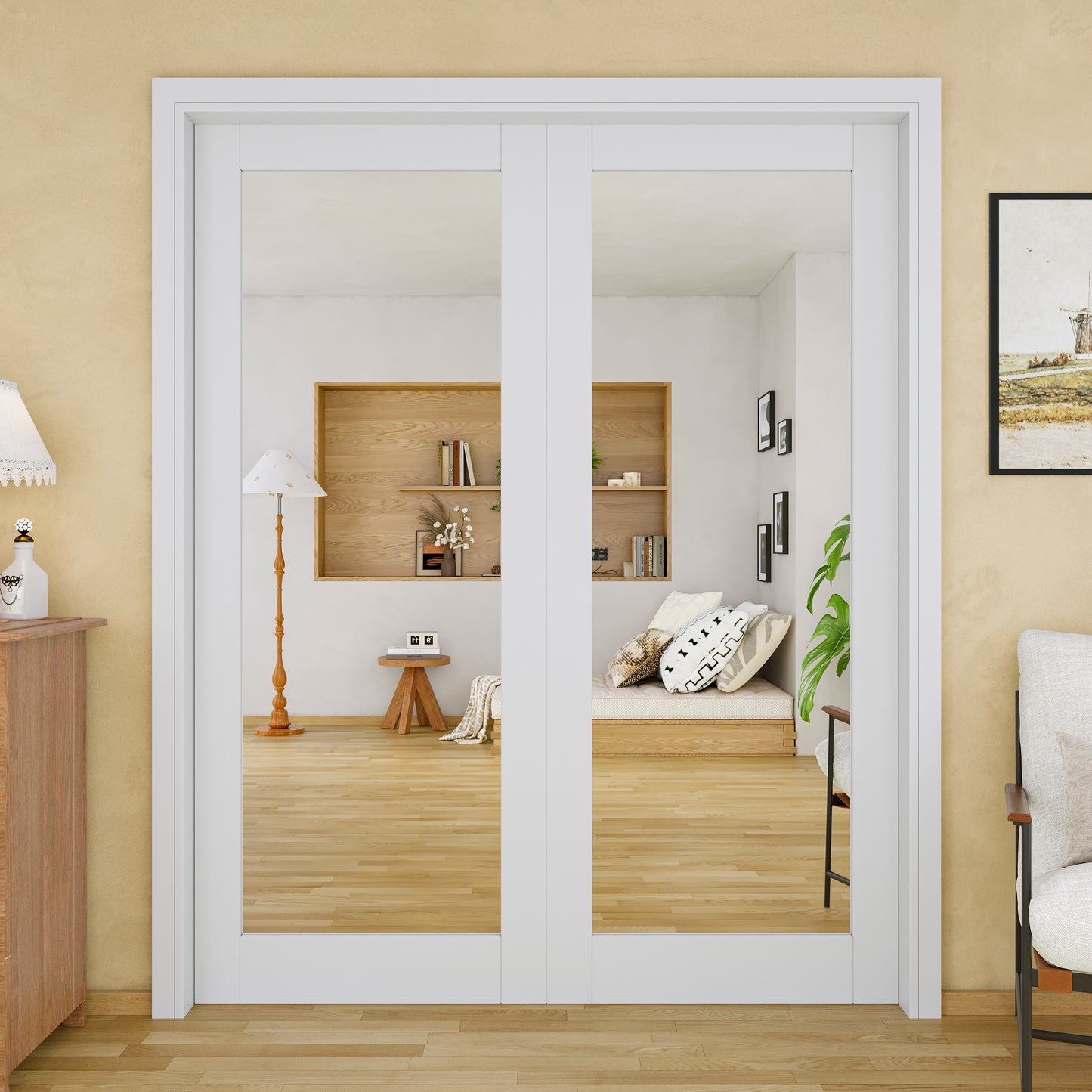 JUJUBON Soft-Close Sliding Pocket Doors, Mirror Door Slab with Hardware Kit&Pocket Door Frame, Interior Sliding Doors for 2x4 Stud, Pre-Finished&Paintable, One Side Mirror&The Opposite White