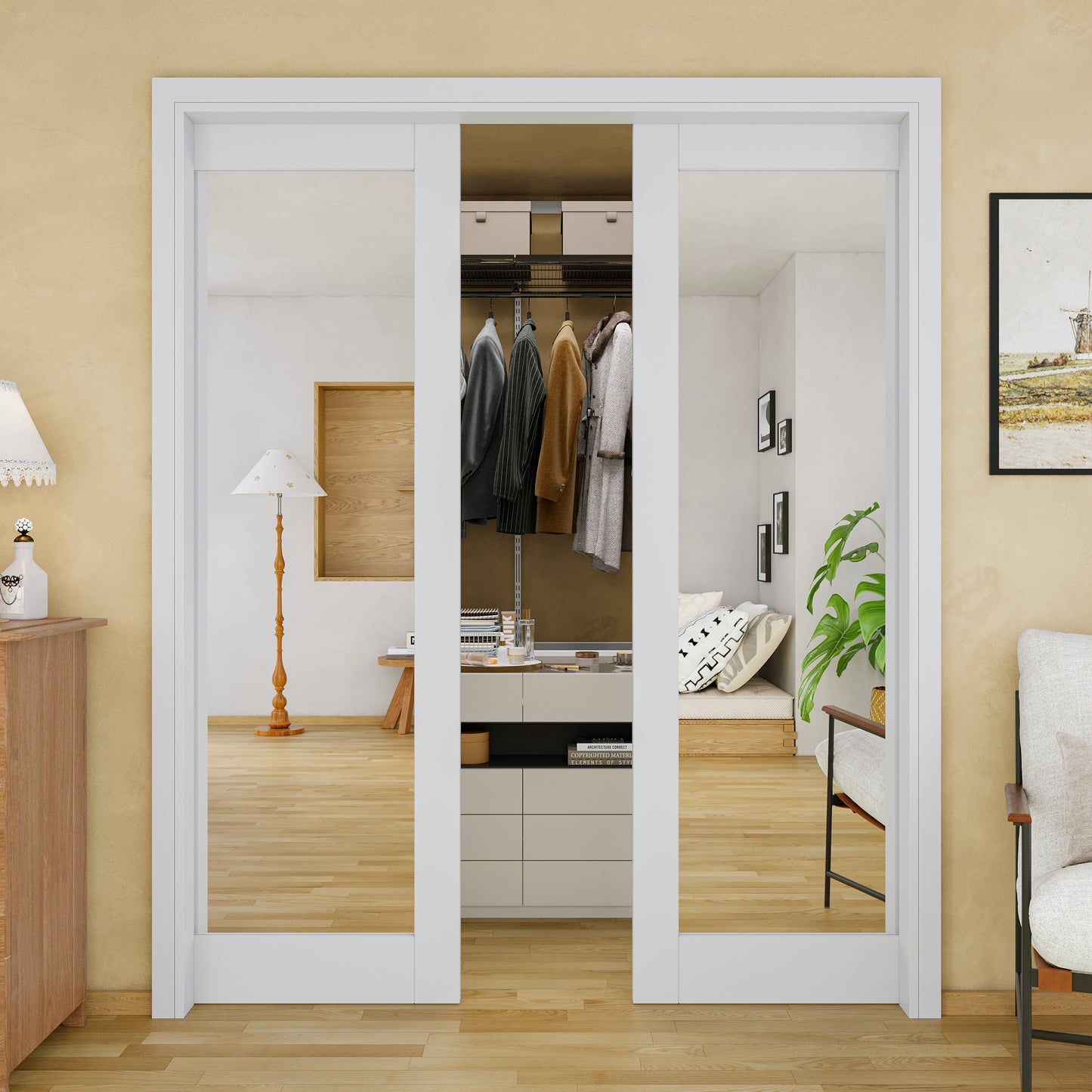 JUJUBON Soft-Close Sliding Pocket Doors, Mirror Door Slab with Hardware Kit&Pocket Door Frame, Interior Sliding Doors for 2x4 Stud, Pre-Finished&Paintable, One Side Mirror&The Opposite White