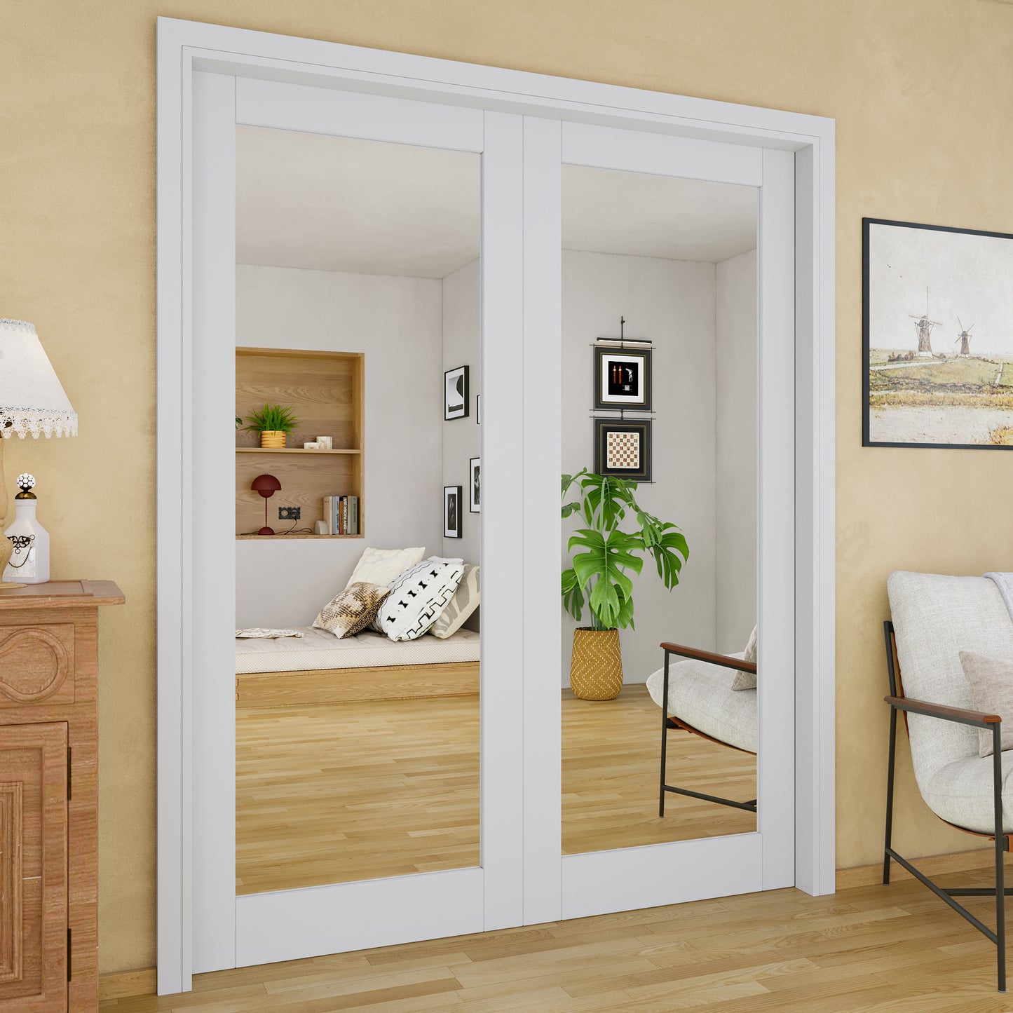 JUJUBON Soft-Close Sliding Pocket Doors, Mirror Door Slab with Hardware Kit&Pocket Door Frame, Interior Sliding Doors for 2x4 Stud, Pre-Finished&Paintable, One Side Mirror&The Opposite White