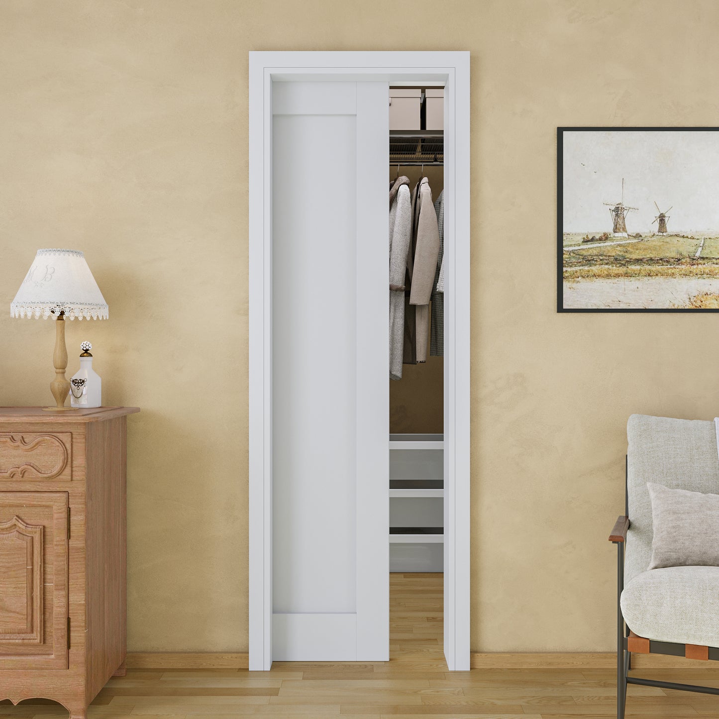 JUJUBON Soft-Close Sliding Pocket Doors, Solid Core MDF Door Slab with Hardware Kit&Pocket Door Frame, Interior Sliding Doors for 2x4 Stud, Pre-Finished&Paintable