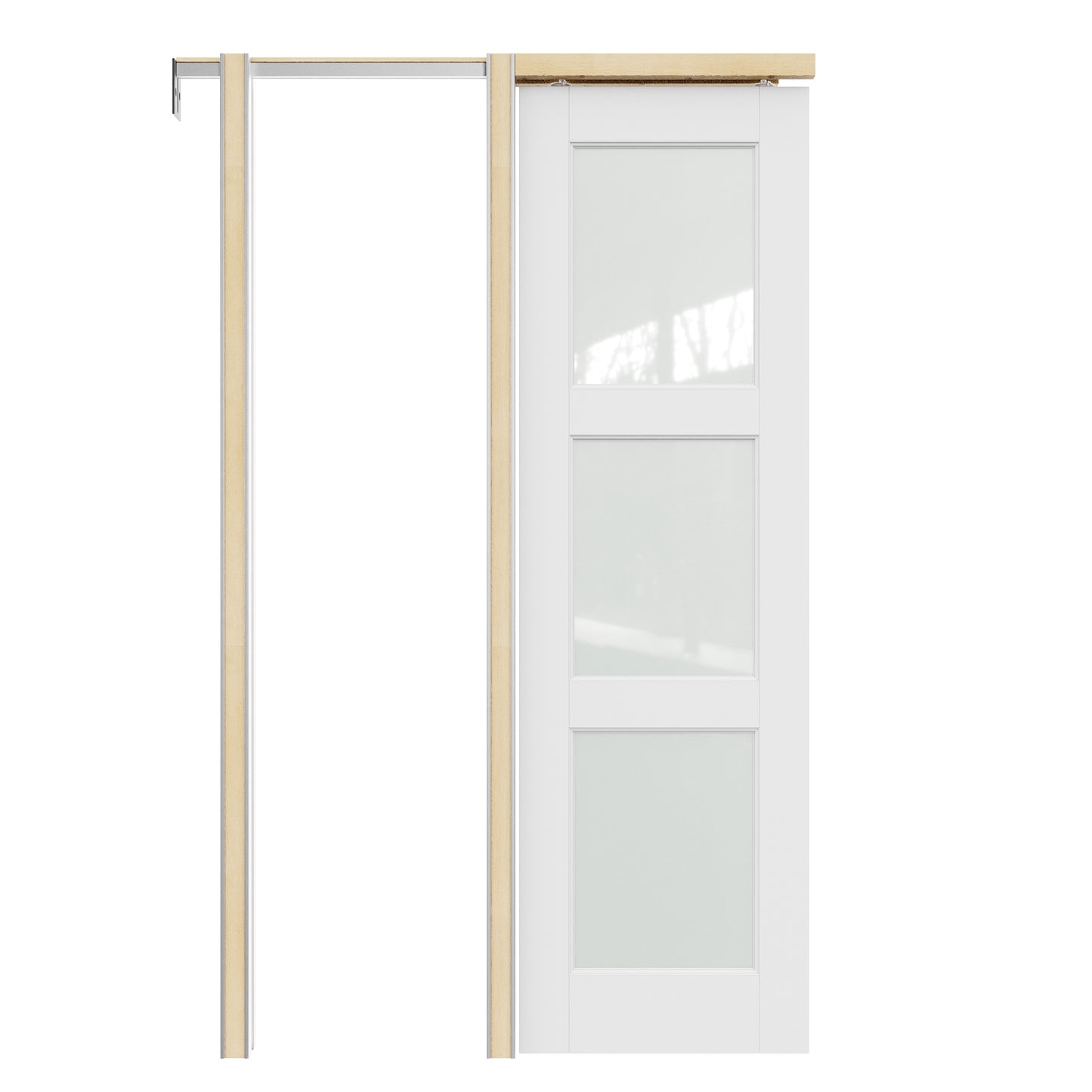 JUJUBON Soft-Close Sliding Pocket Doors, 3 Panel Tempered Frosted Glass Door Slab with Hardware Kit&Pocket Door Frame, Interior Sliding Doors for 2x4 Stud, Pre-Finished&Paintable