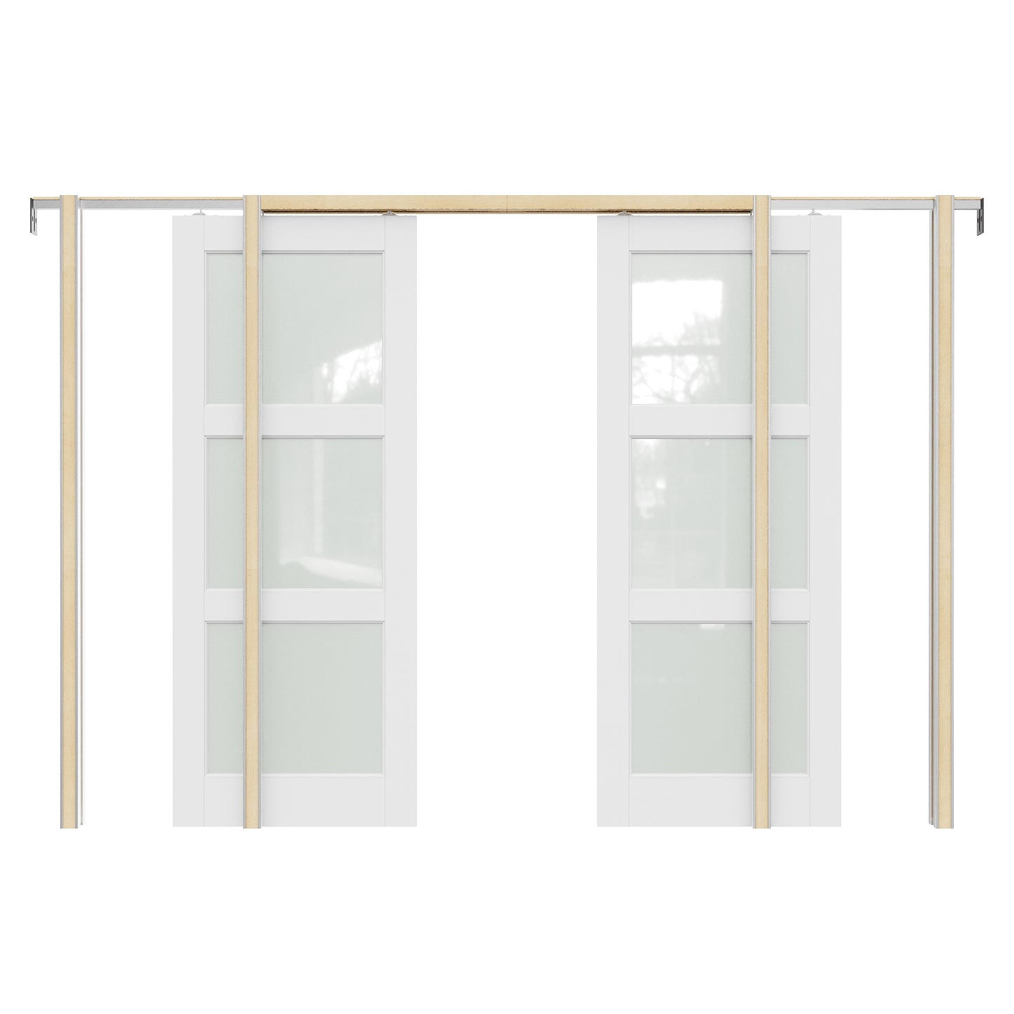JUJUBON Soft-Close Sliding Pocket Doors, 3 Panel Tempered Frosted Glass Door Slab with Hardware Kit&Pocket Door Frame, Interior Sliding Doors for 2x4 Stud, Pre-Finished&Paintable