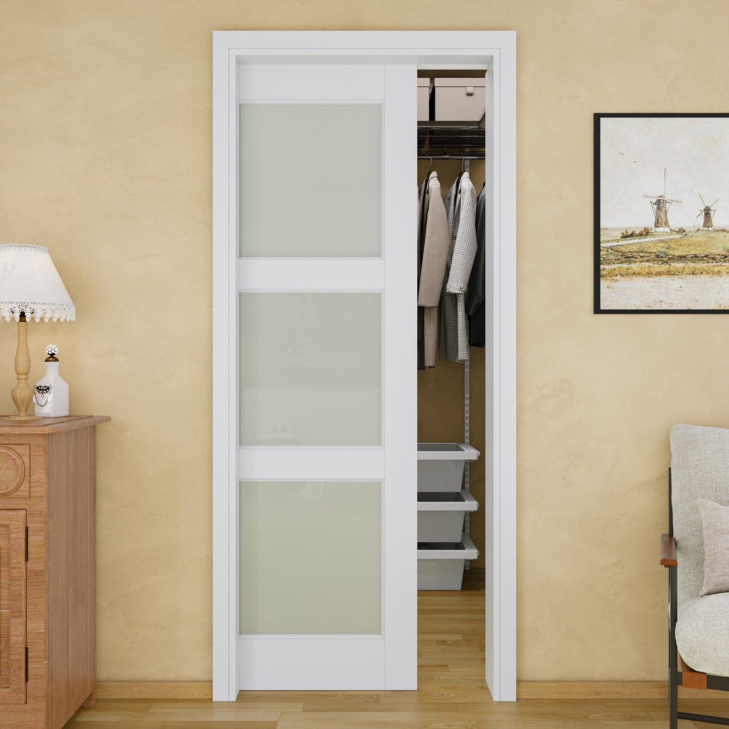 JUJUBON Soft-Close Sliding Pocket Doors, 3 Panel Tempered Frosted Glass Door Slab with Hardware Kit&Pocket Door Frame, Interior Sliding Doors for 2x4 Stud, Pre-Finished&Paintable