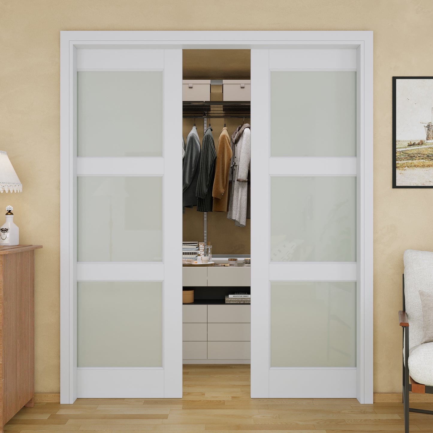 JUJUBON Soft-Close Sliding Pocket Doors, 3 Panel Tempered Frosted Glass Door Slab with Hardware Kit&Pocket Door Frame, Interior Sliding Doors for 2x4 Stud, Pre-Finished&Paintable