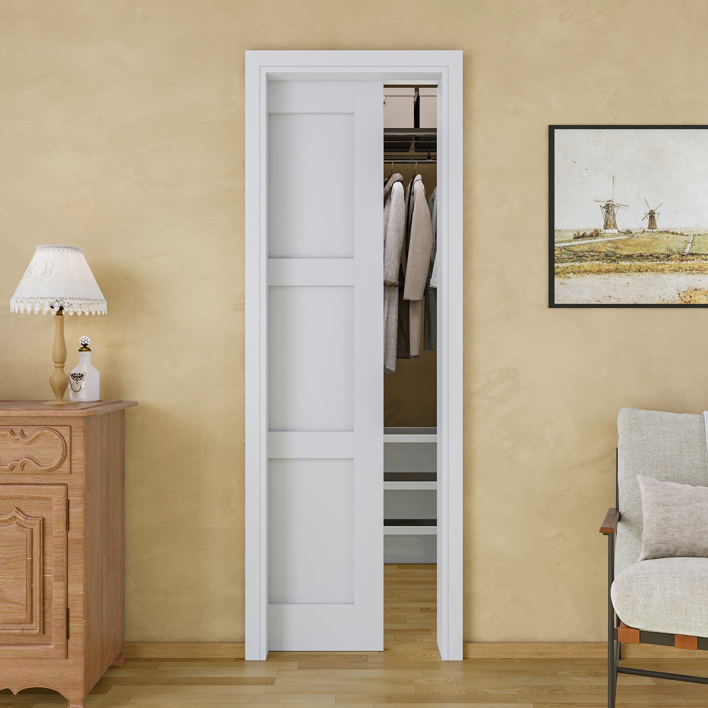 JUJUBON Soft-Close Sliding Pocket Doors, 3 Panel Solid Core MDF Door Slab with Hardware Kit&Pocket Door Frame, Interior Sliding Doors for 2x4 Stud, Pre-Finished&Paintable