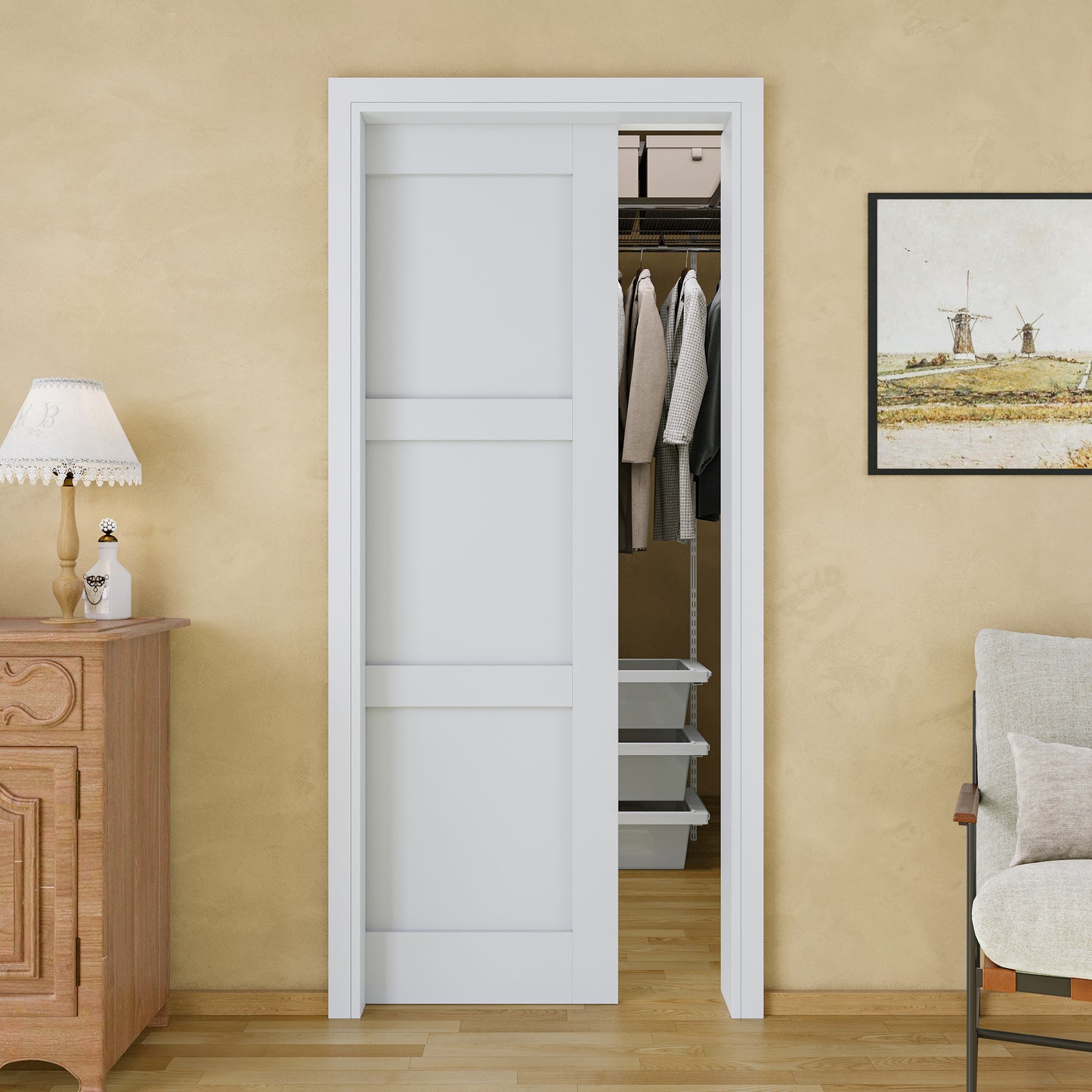 JUJUBON Soft-Close Sliding Pocket Doors, 3 Panel Solid Core MDF Door Slab with Hardware Kit&Pocket Door Frame, Interior Sliding Doors for 2x4 Stud, Pre-Finished&Paintable